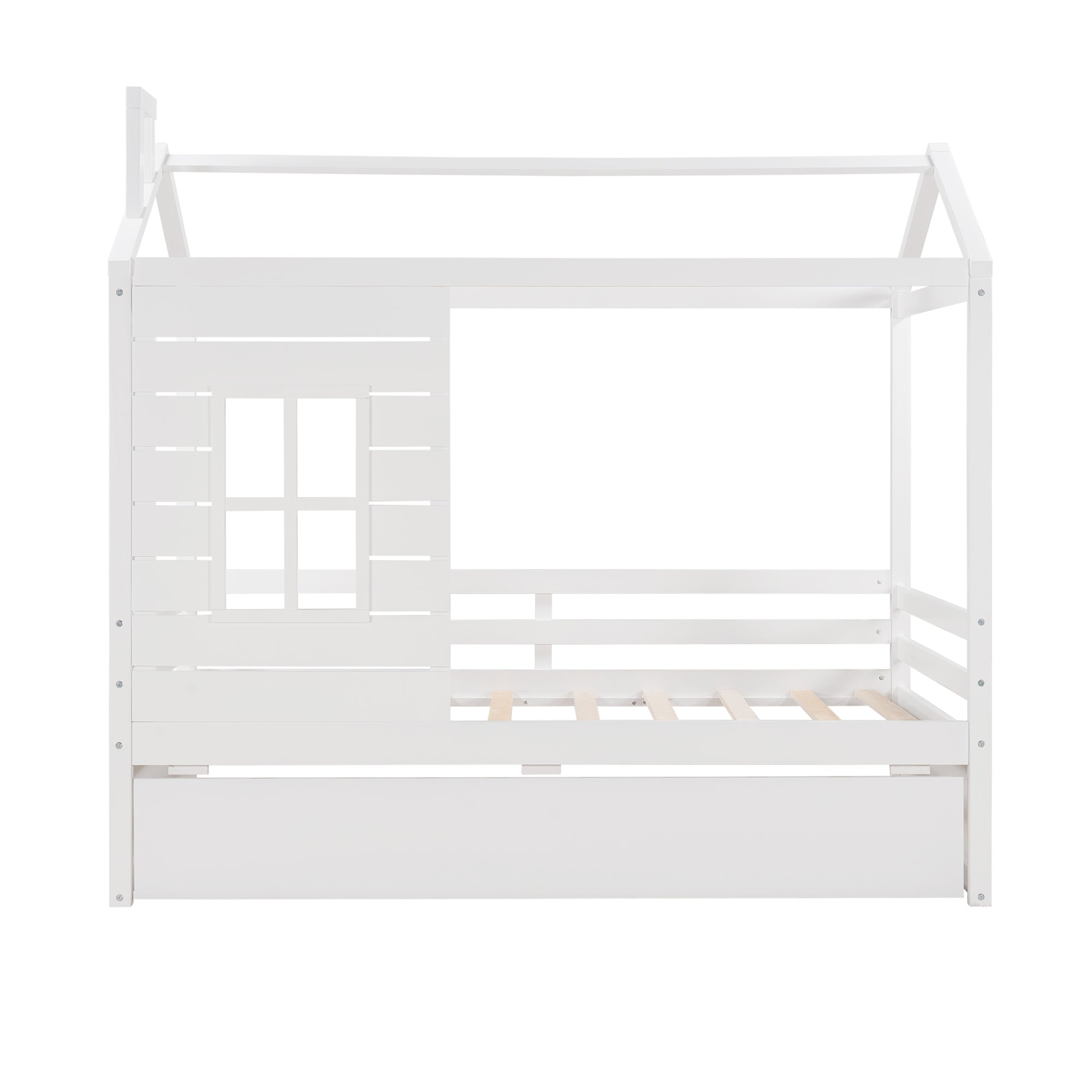 Twin Size House Bed Wood Bed with Twin Size Trundle ( White )