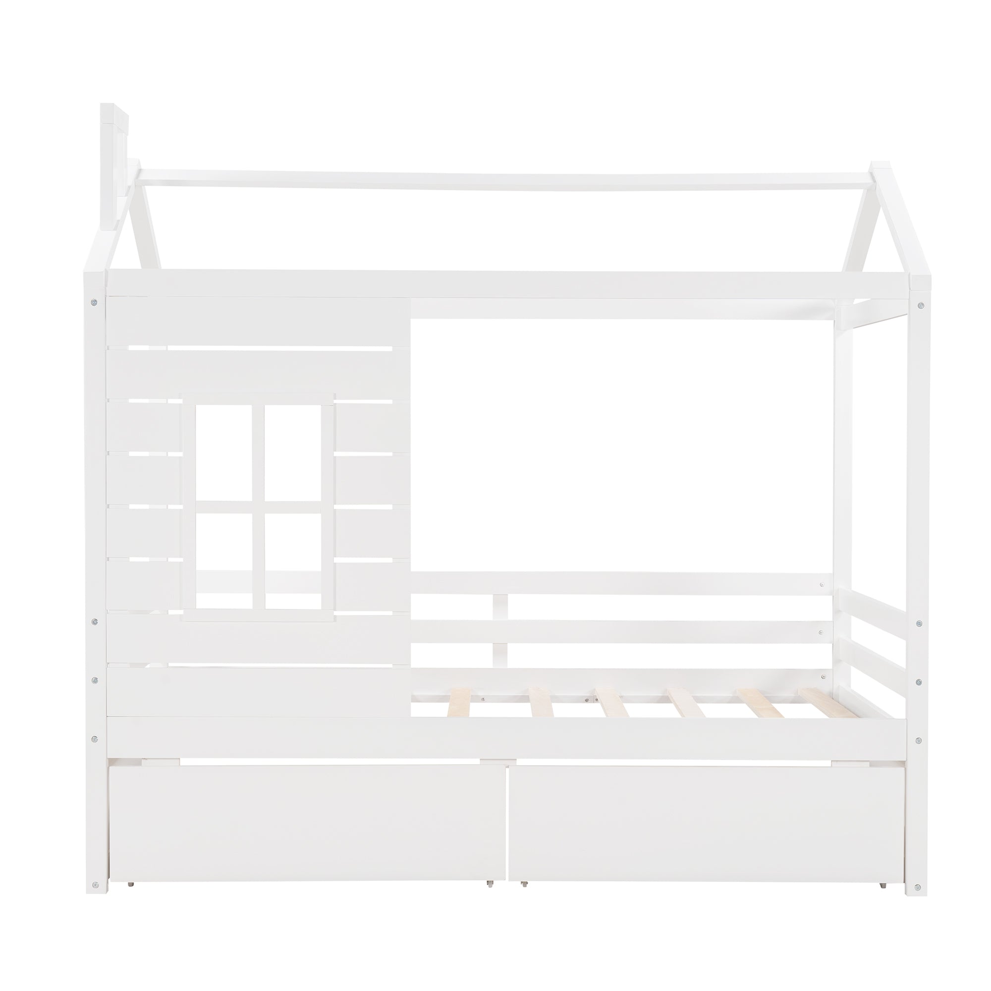 Twin Size House Bed Wood Bed with Two Drawers ( White )