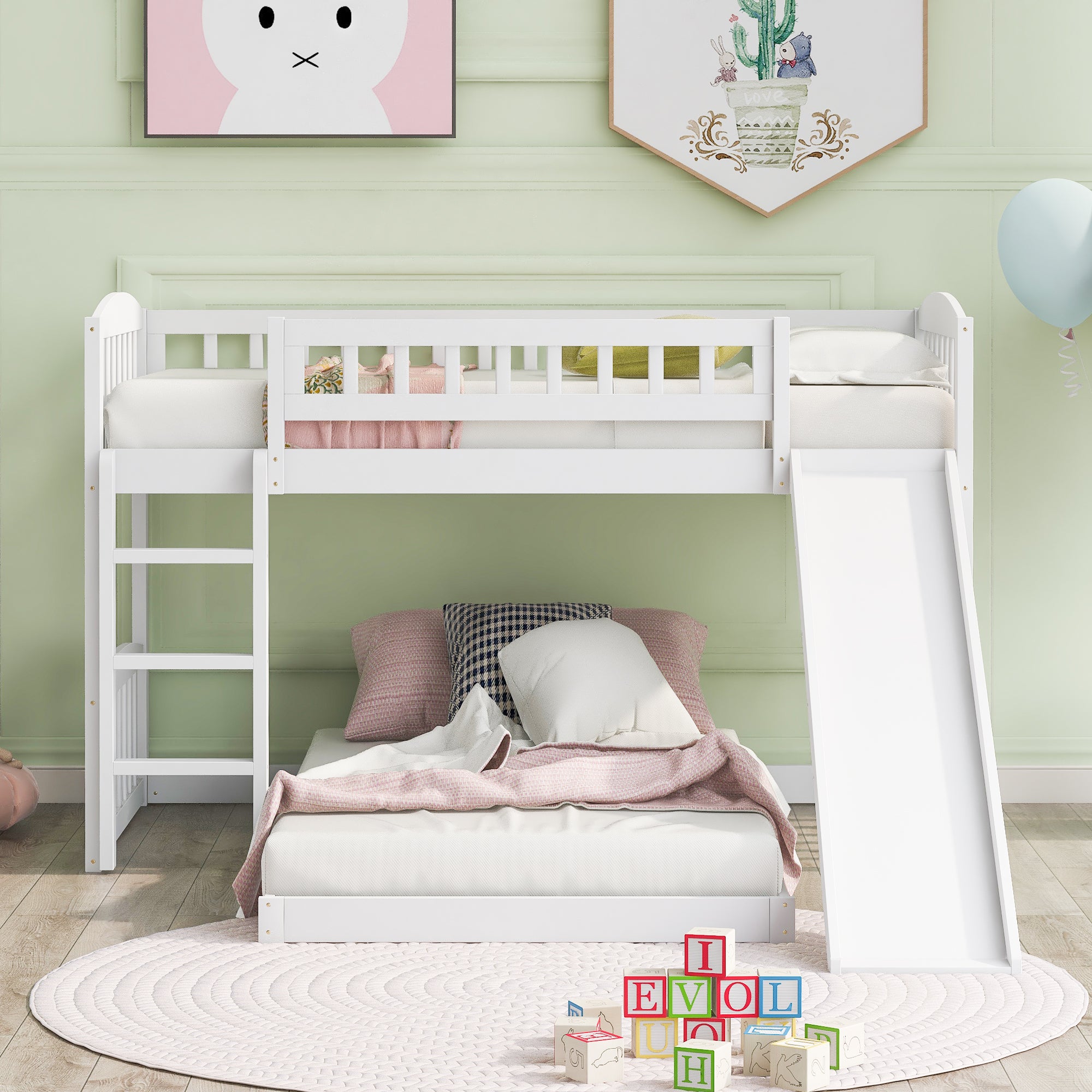 Twin Over Twin Bunk Bed with Slide and Ladder, White