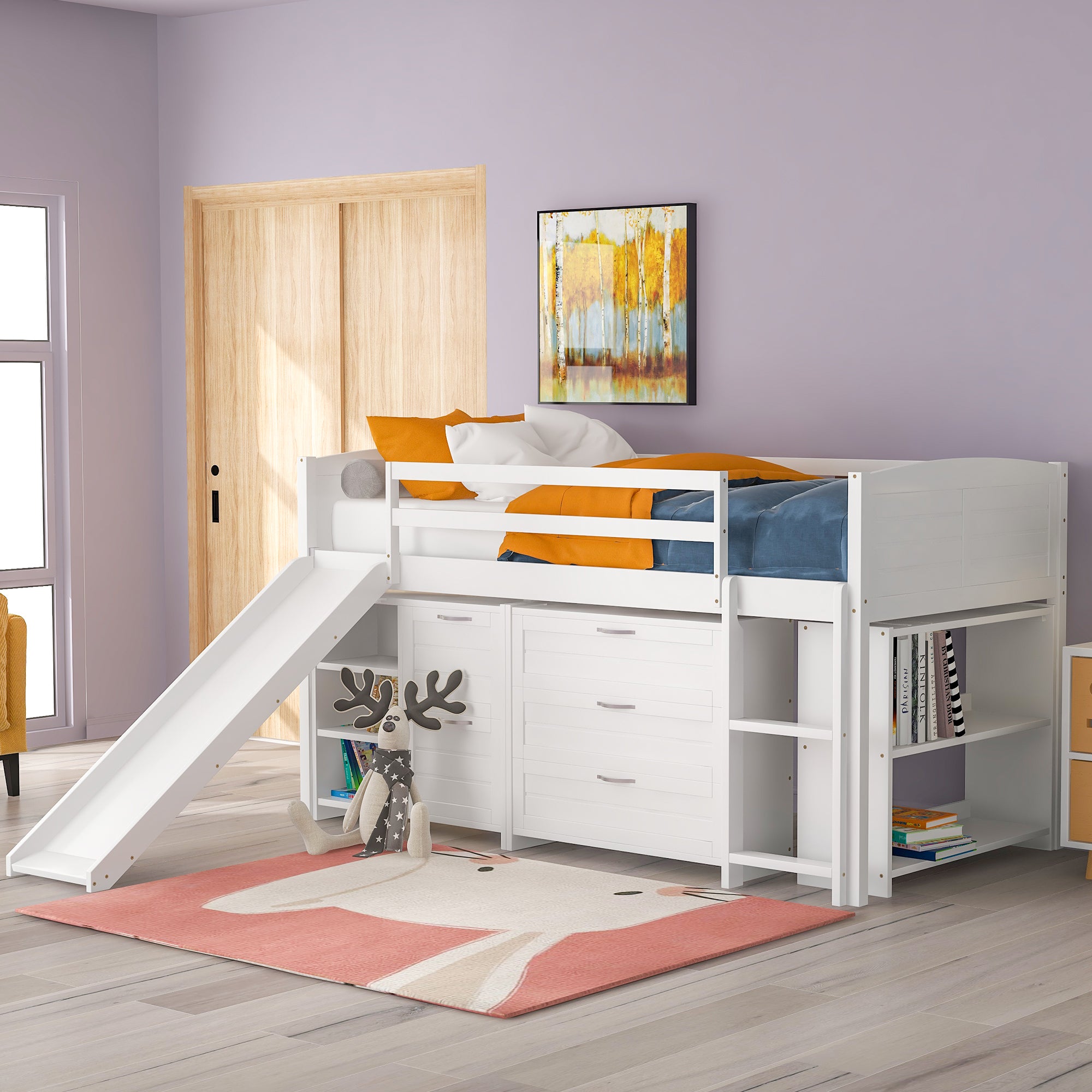 Low Twin Size Loft Bed with Cabinets, Shelves and Slide - White