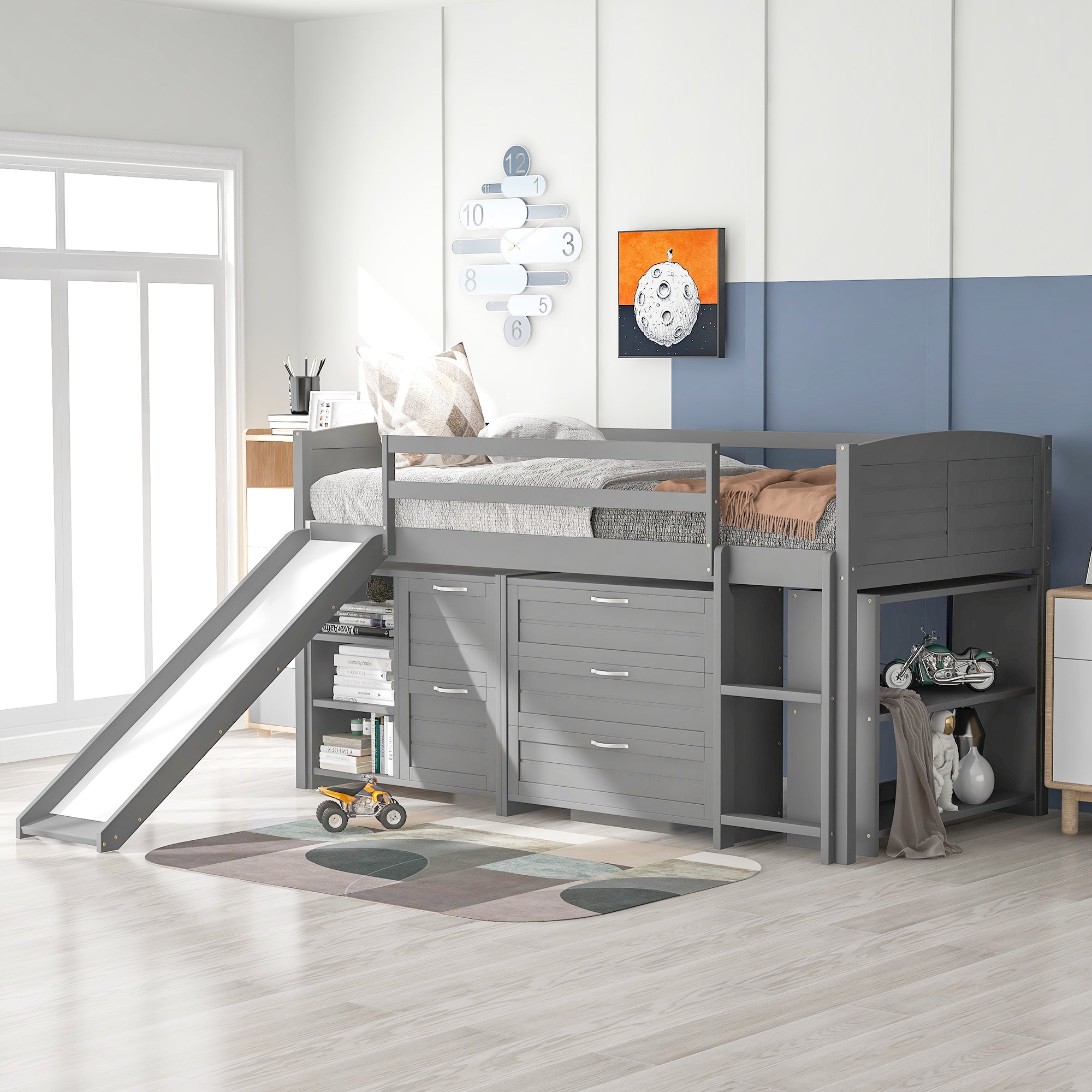 Low Twin Size Loft Bed with Cabinets, Shelves and Slide - Gray