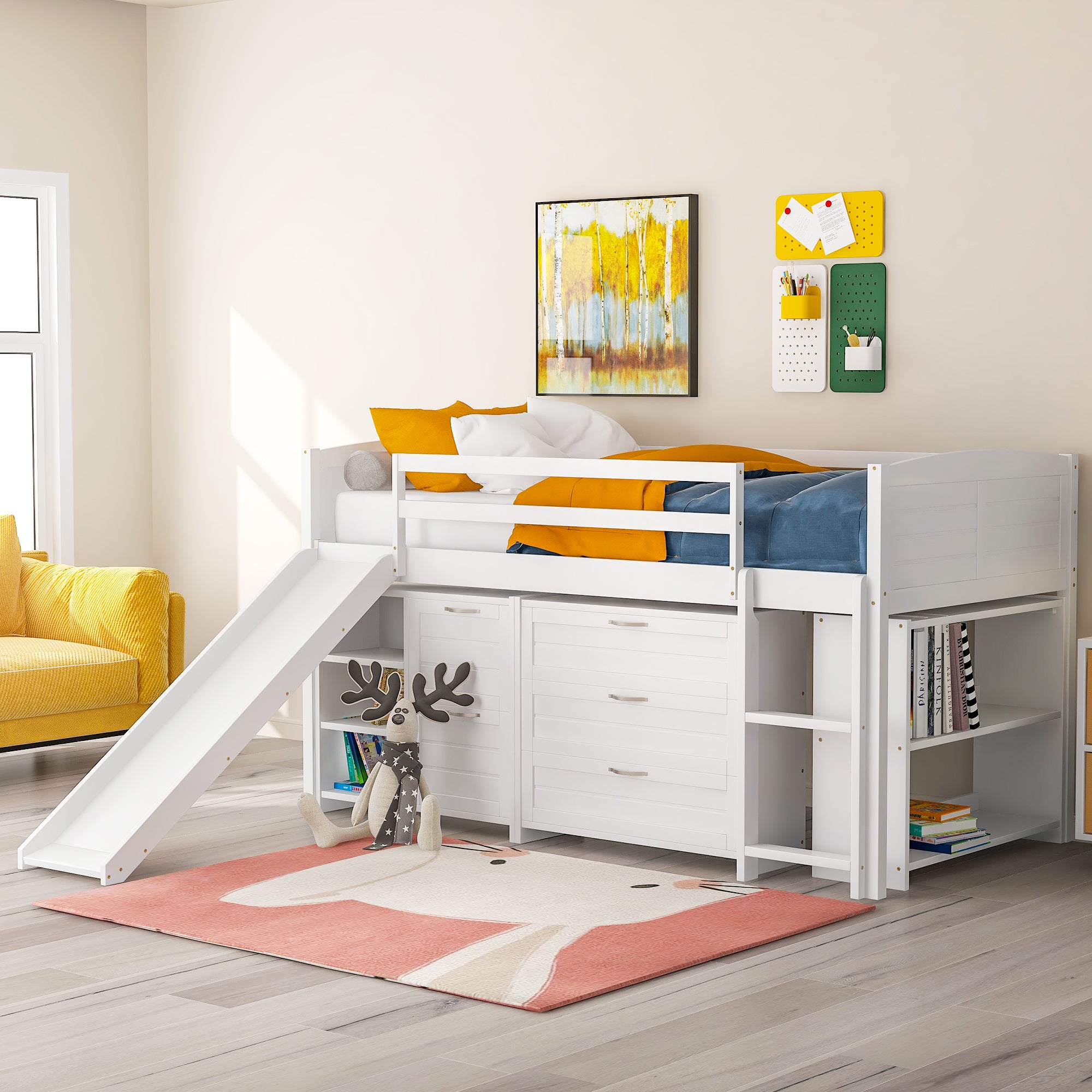 Low Twin Size Loft Bed with Cabinets, Shelves and Slide - White