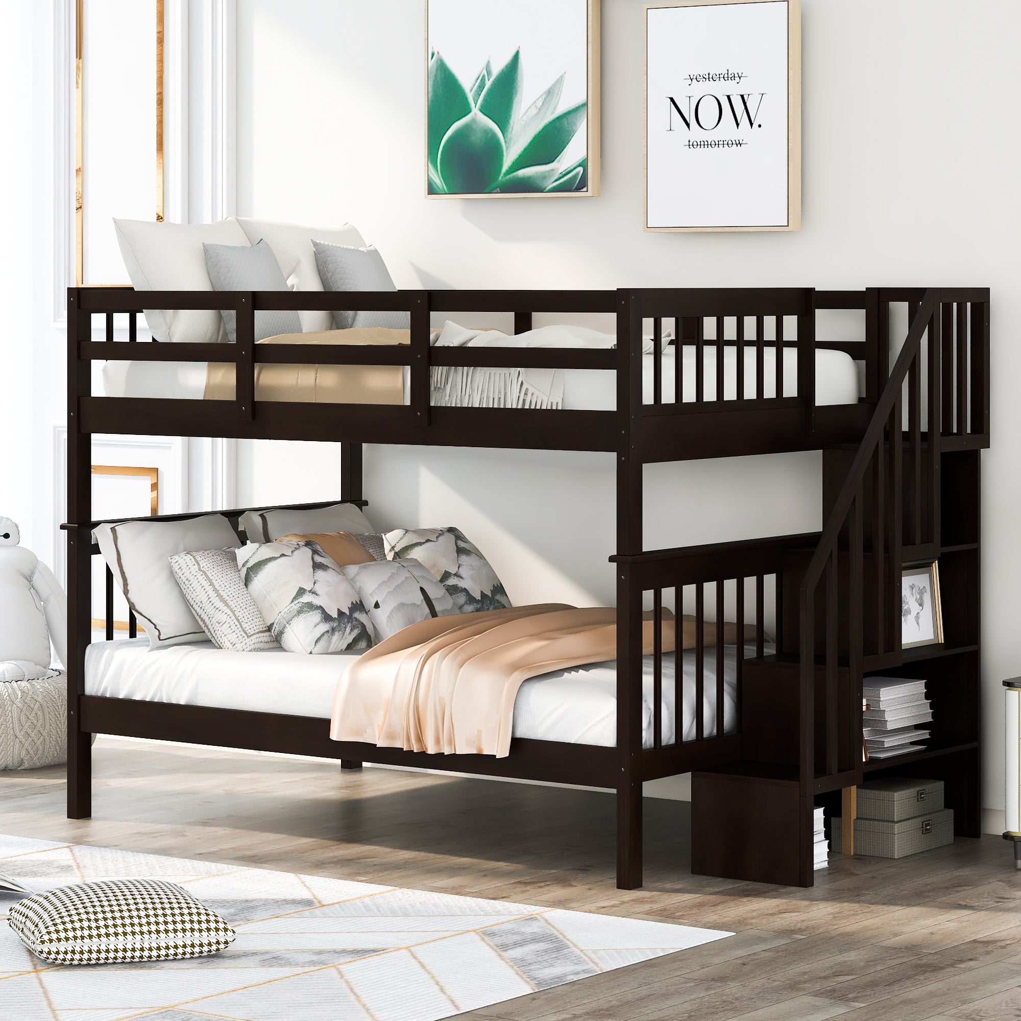 Stairway Full-Over-Full Bunk Bed with Storage and Guard Rail for Bedroom, Dorm, Espresso