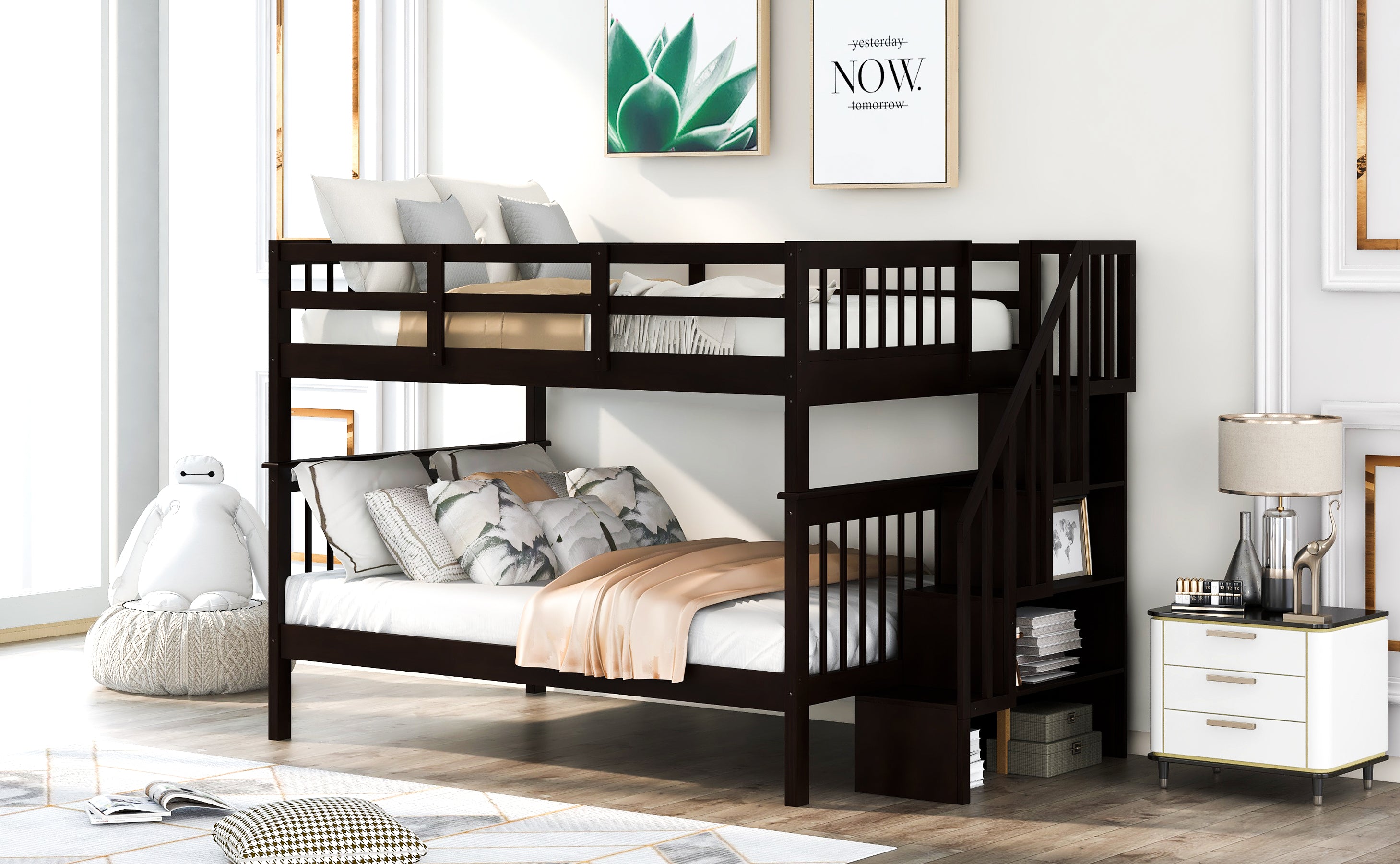 Stairway Full-Over-Full Bunk Bed with Storage and Guard Rail for Bedroom, Dorm, Espresso