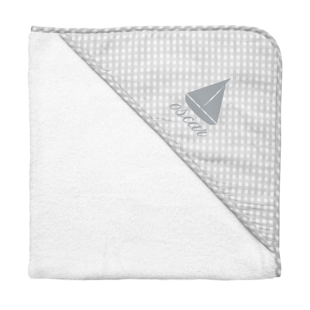 Monogrammed  Hooded Towel And Wash Glove | Grey Gingham