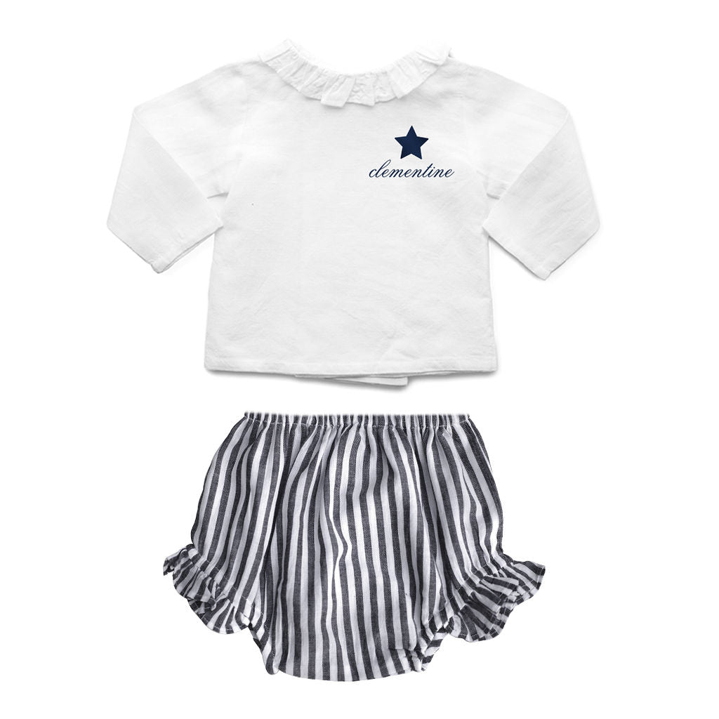 Monogrammed Gift Set | Double Button Blouse And Harbor Island Stripe Frill Bloomer