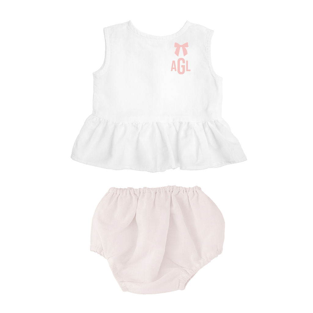 Monogrammed Gift Set | Sleeveless White Frill Blouse And Blossom Pink Bloomer