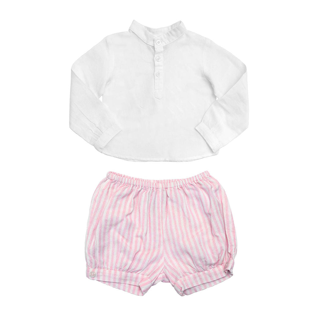 Gift Set | Boys White Shirt And Palm Beach Pink Stripe Shorts