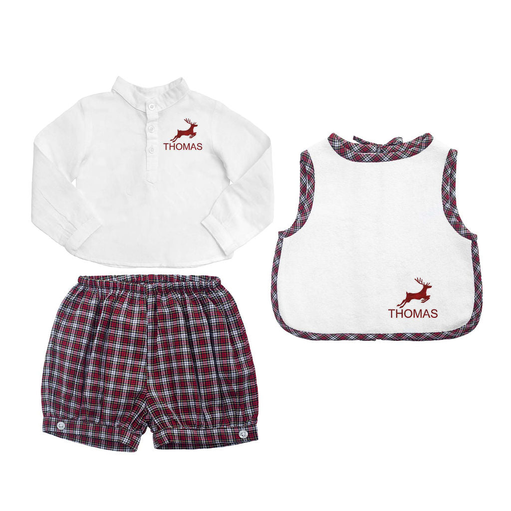 Gift Set Boys French Collar White Shirt & Tartan Shorts & Apron Bib With Monogram