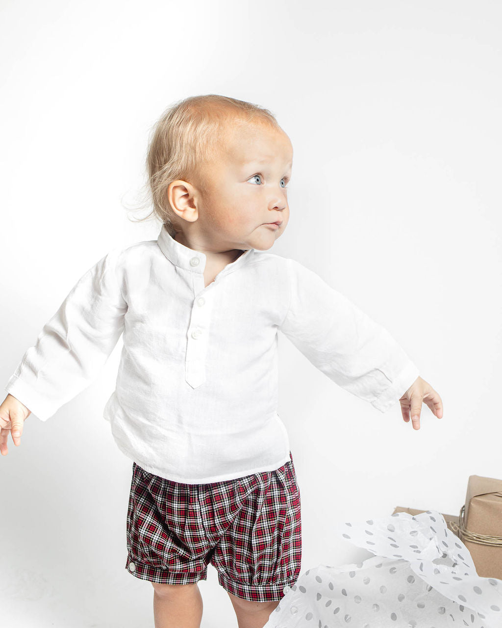 Gift Set Boys French Collar White Shirt And Tartan Shorts Holiday Set With Monogram