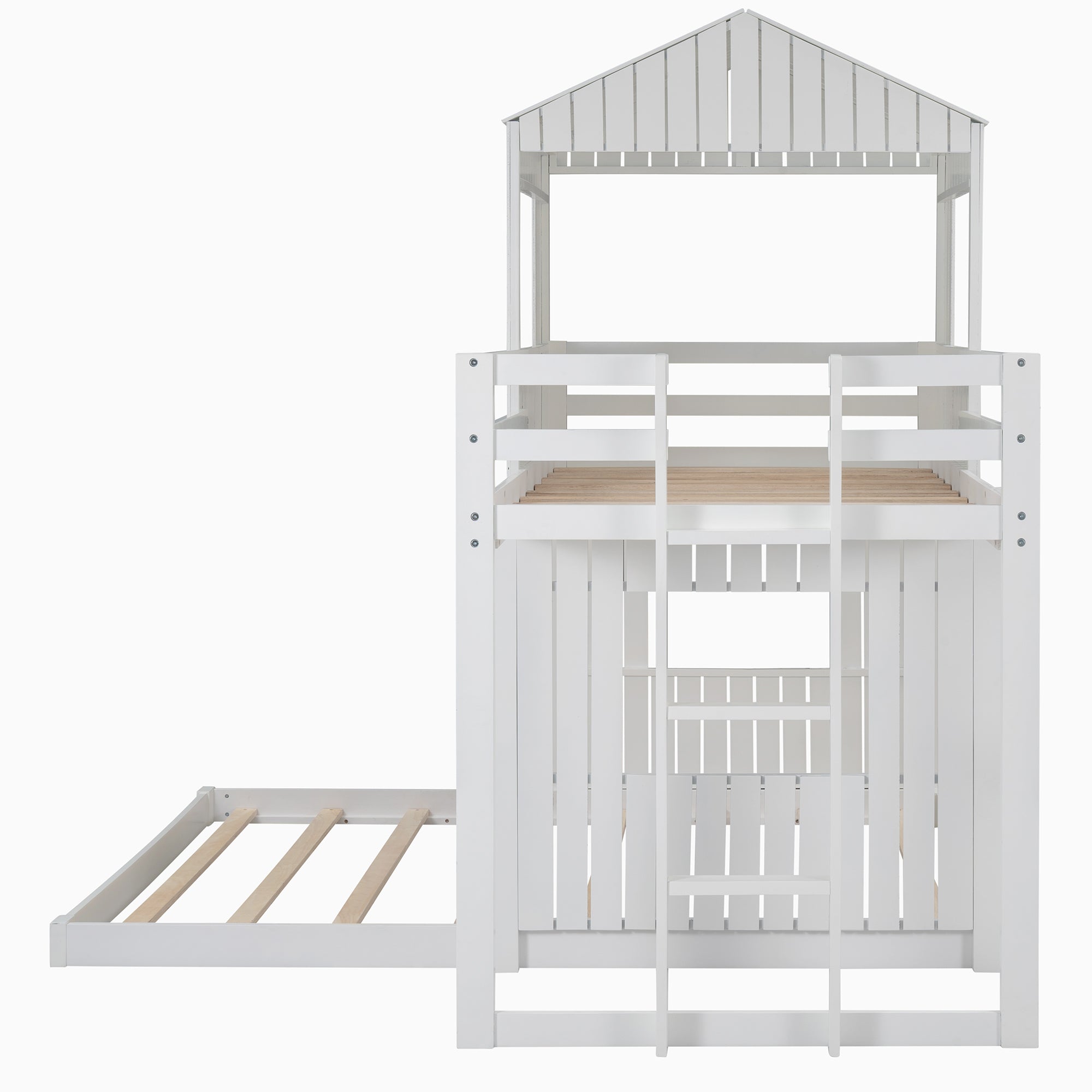 Wooden Twin Over Full Bunk Bed, Loft Bed with Playhouse, Farmhouse, Ladder and Guardrails, White