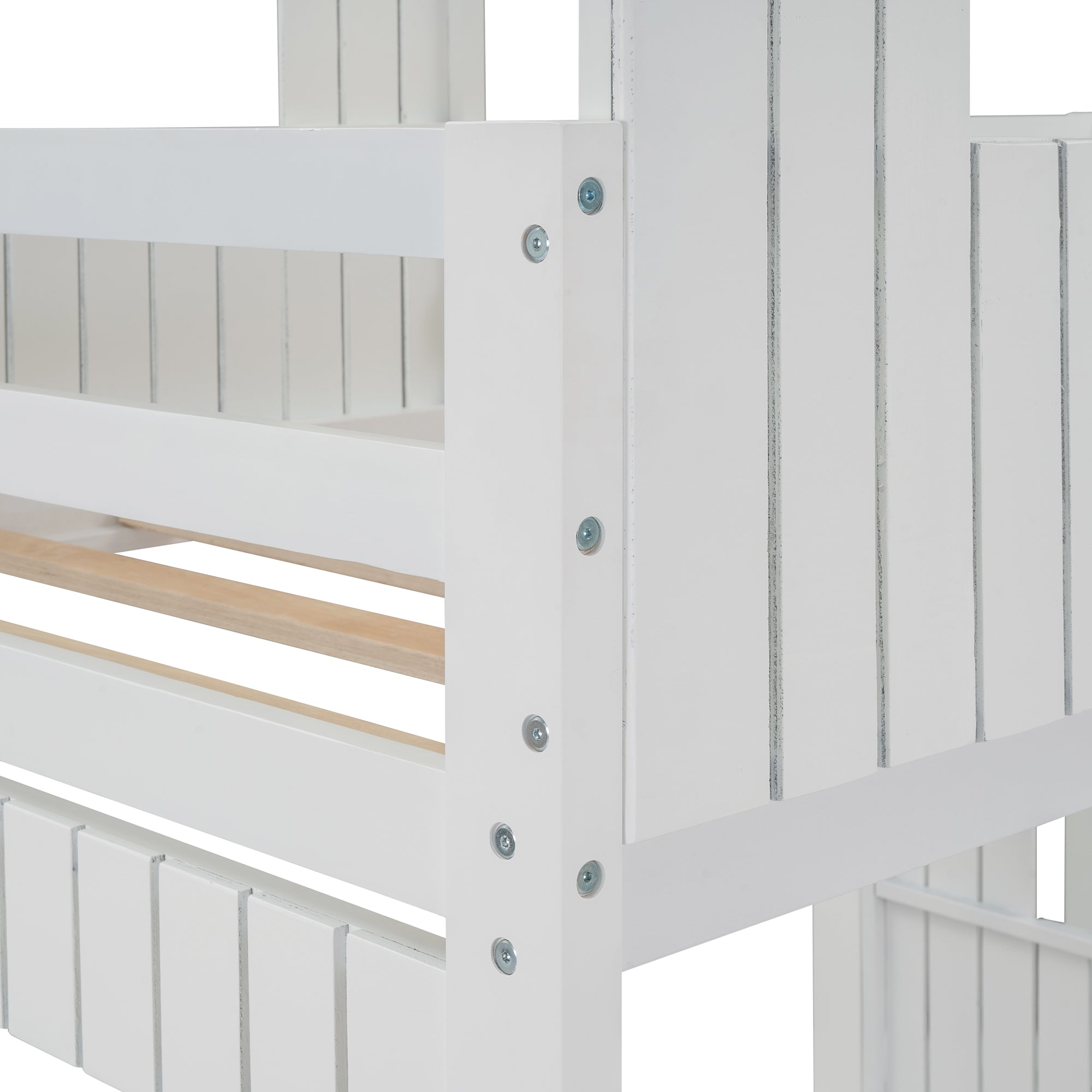 Wooden Twin Over Full Bunk Bed, Loft Bed with Playhouse, Farmhouse, Ladder and Guardrails, White