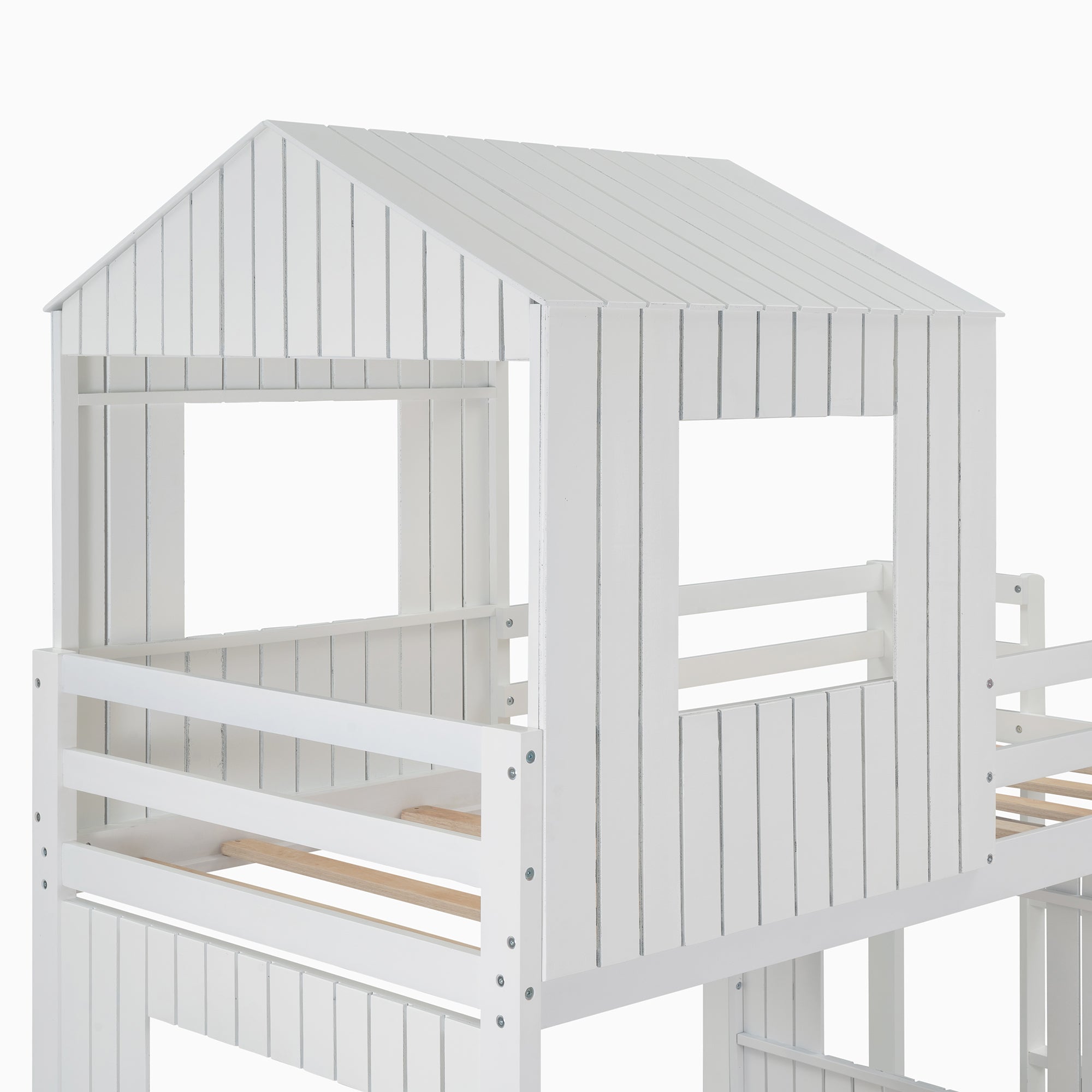 Wooden Twin Over Full Bunk Bed, Loft Bed with Playhouse, Farmhouse, Ladder and Guardrails, White