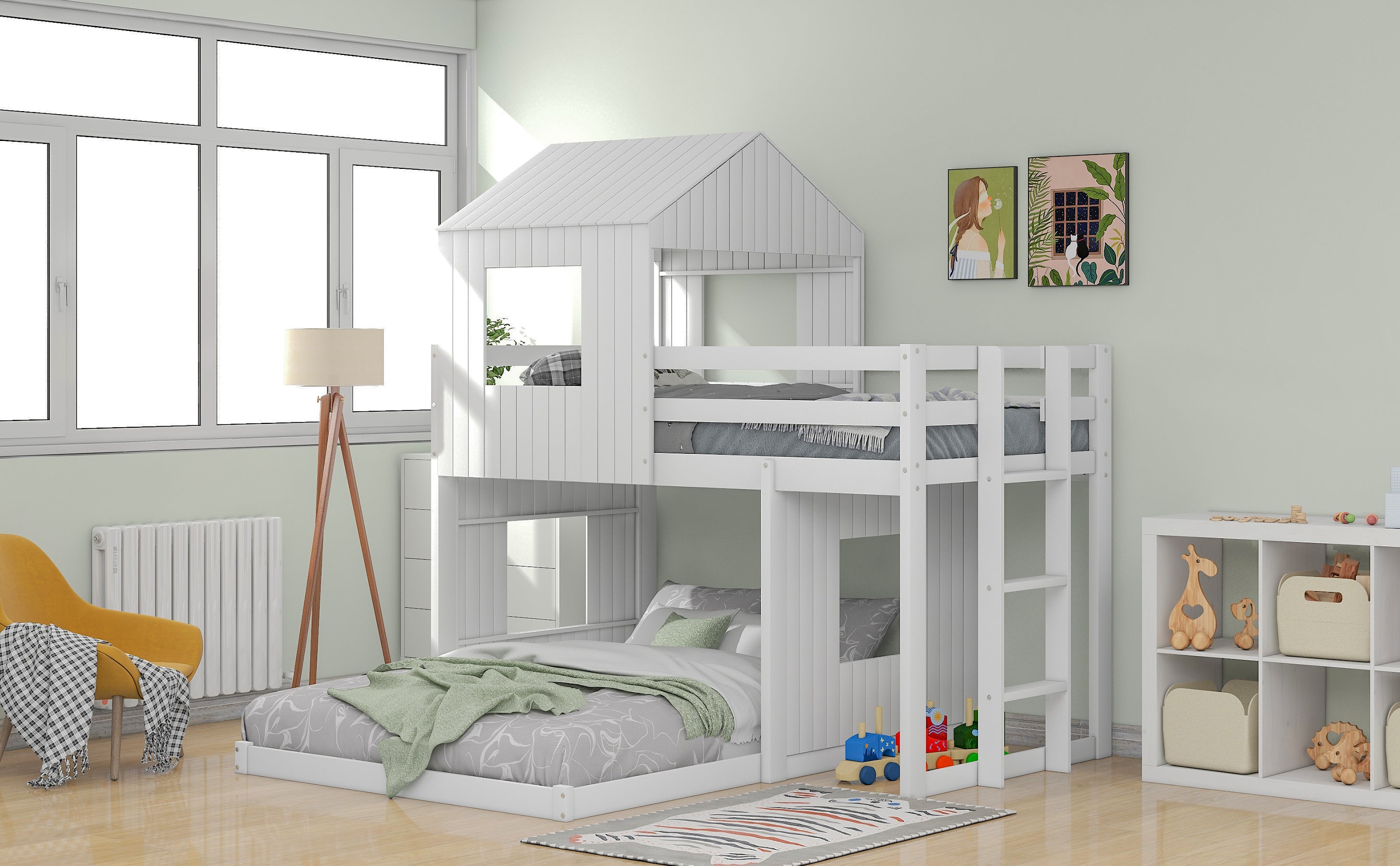 Wooden Twin Over Full Bunk Bed, Loft Bed with Playhouse, Farmhouse, Ladder and Guardrails, White