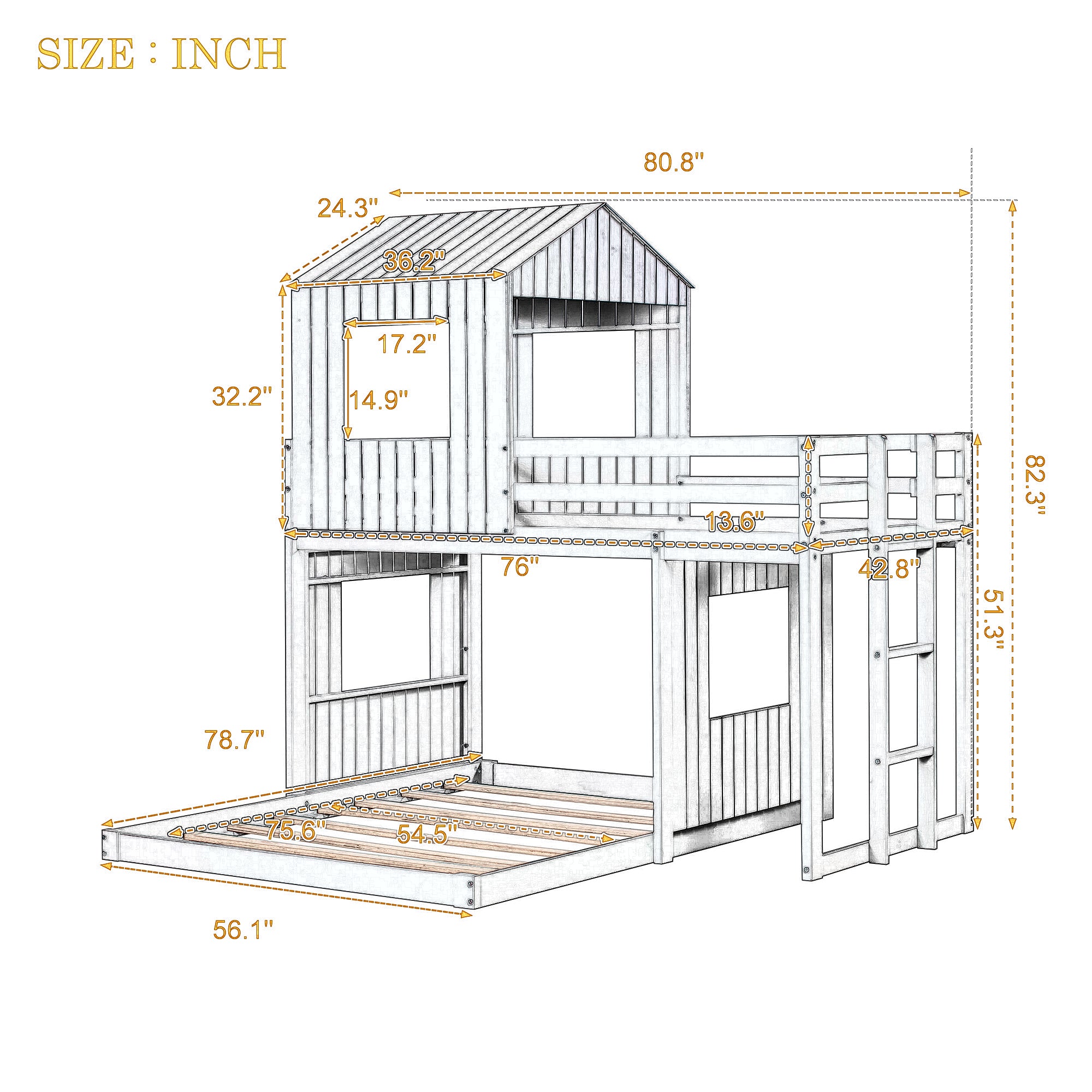 Wooden Twin Over Full Bunk Bed, Loft Bed with Playhouse, Farmhouse, Ladder and Guardrails, White