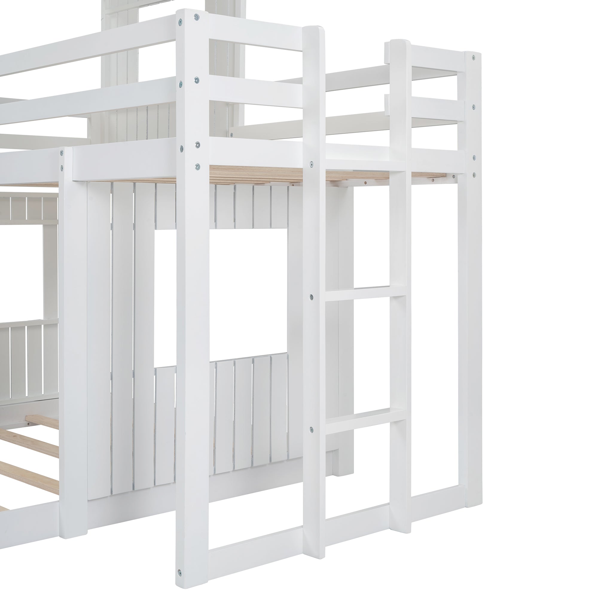 Wooden Twin Over Full Bunk Bed, Loft Bed with Playhouse, Farmhouse, Ladder and Guardrails, White