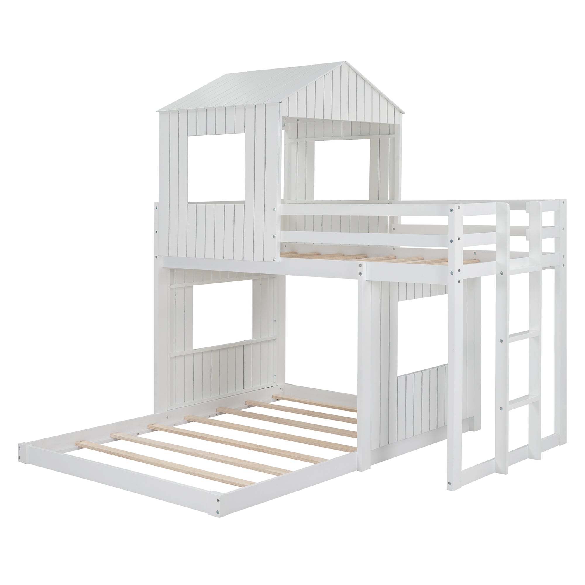 Wooden Twin Over Full Bunk Bed, Loft Bed with Playhouse, Farmhouse, Ladder and Guardrails, White