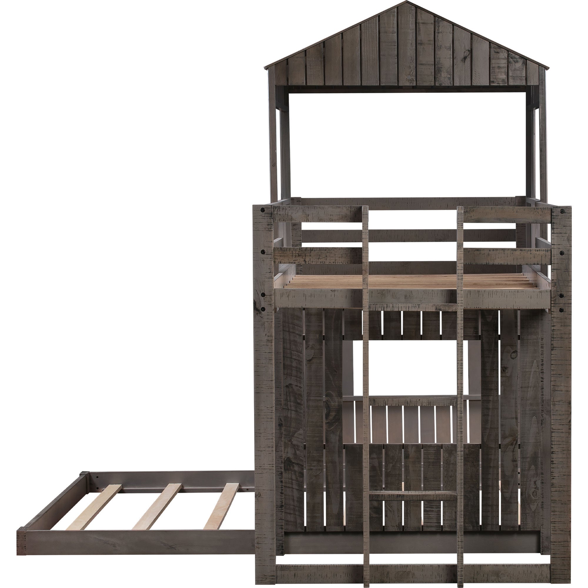 Wooden Twin Over Full Bunk Bed, Loft Bed with Playhouse, Farmhouse, Ladder and Guardrails , Antique Gray