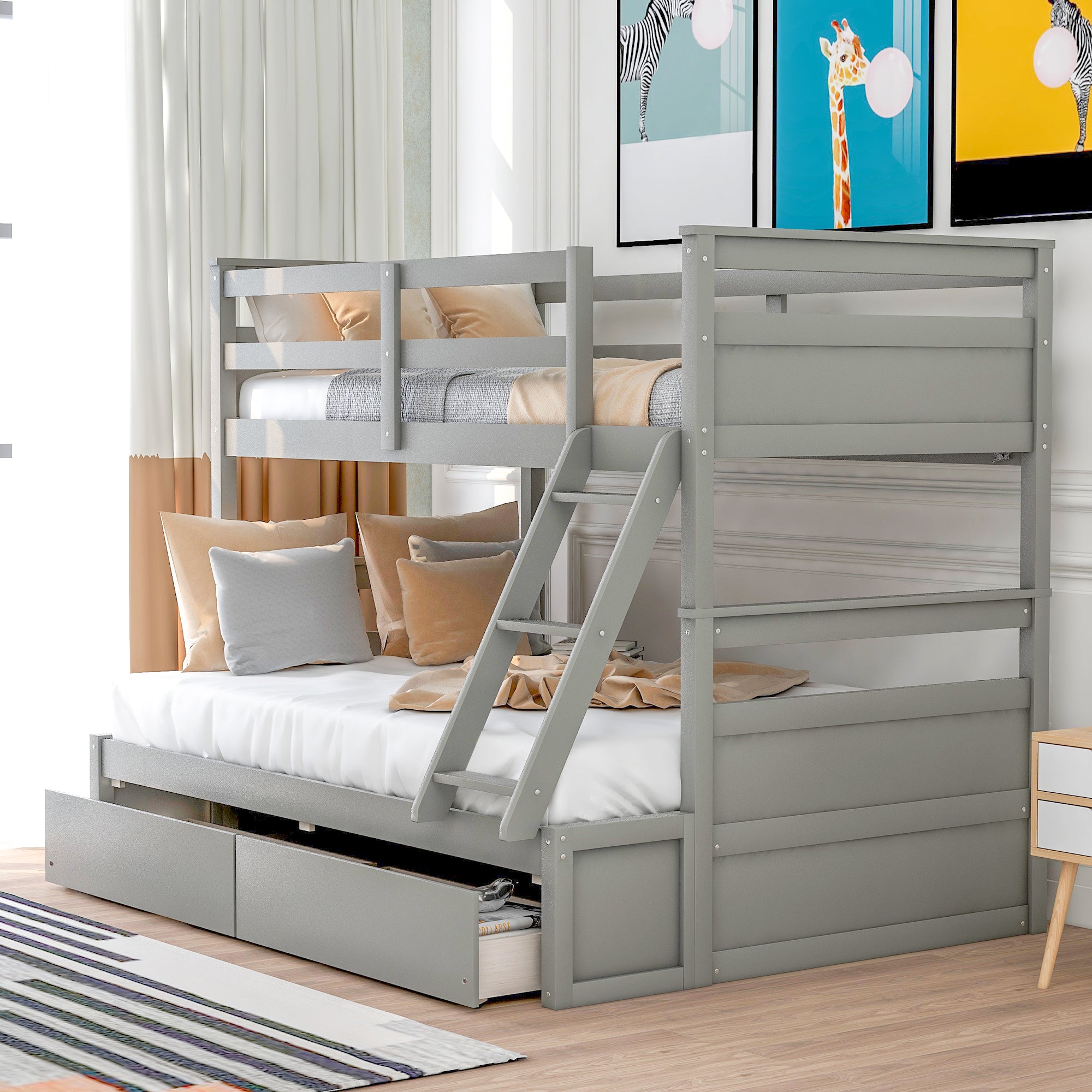 Twin over Full Bunk Bed with Storage - Gray