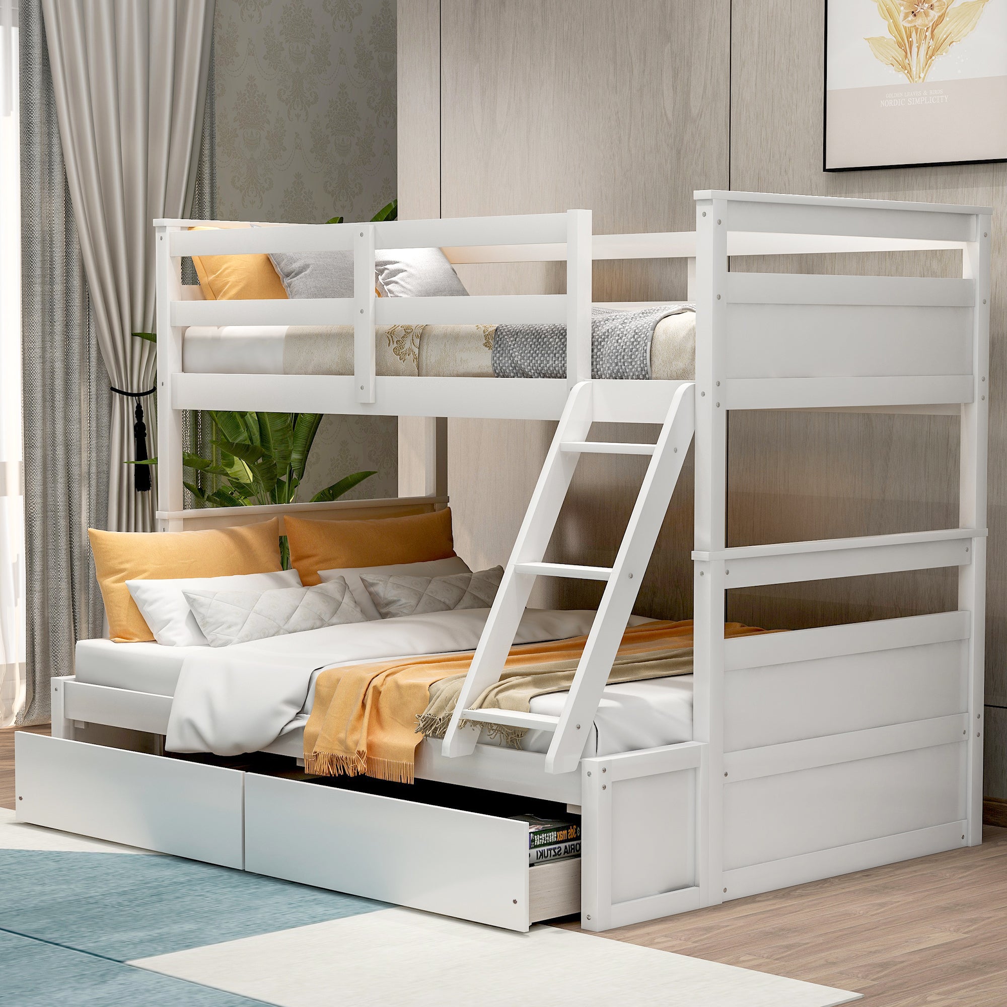 Twin over Full Bunk Bed with Storage - White