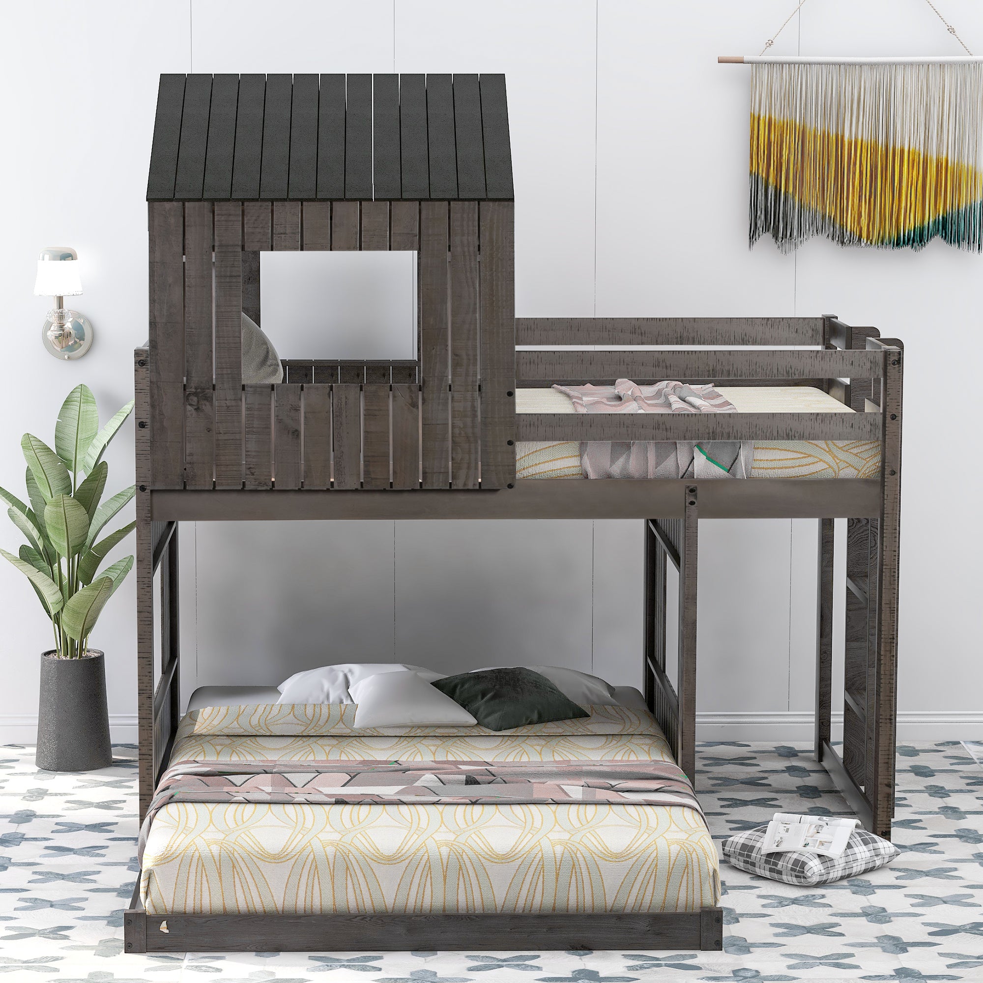 Wooden Twin Over Full Bunk Bed, Loft Bed with Playhouse, Farmhouse, Ladder and Guardrails , Antique Gray