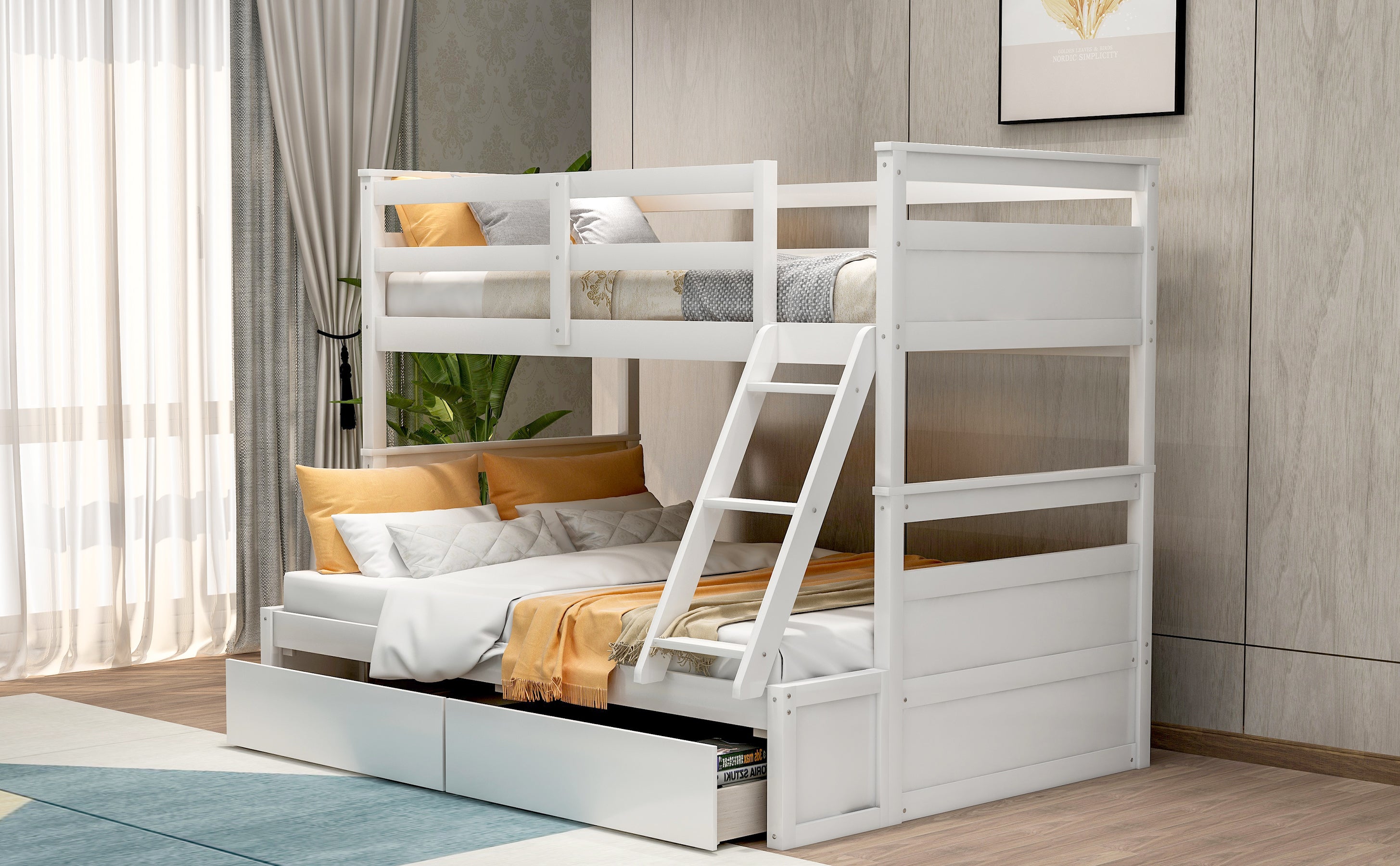 Twin over Full Bunk Bed with Storage - White