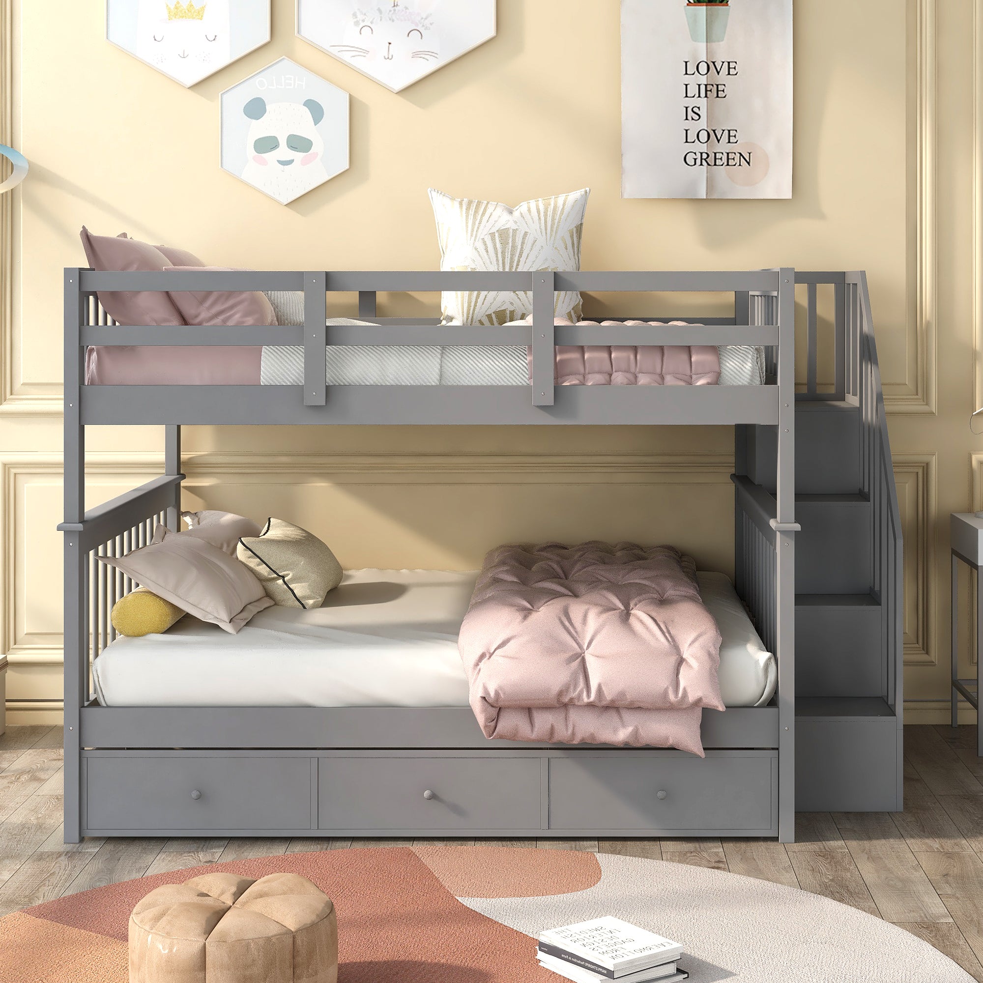 Stairway Full-Over-Full Bunk Bed with Drawer, Storage and Guard Rail for Bedroom, Gray color