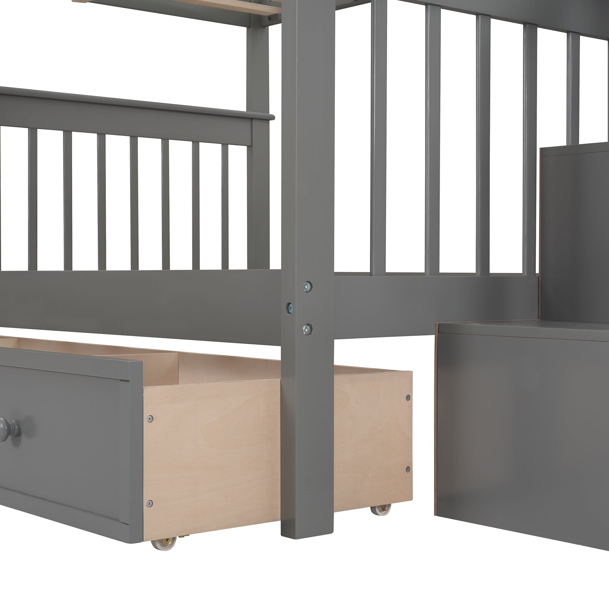 Stairway Full-Over-Full Bunk Bed with Drawer, Storage and Guard Rail for Bedroom, Gray color