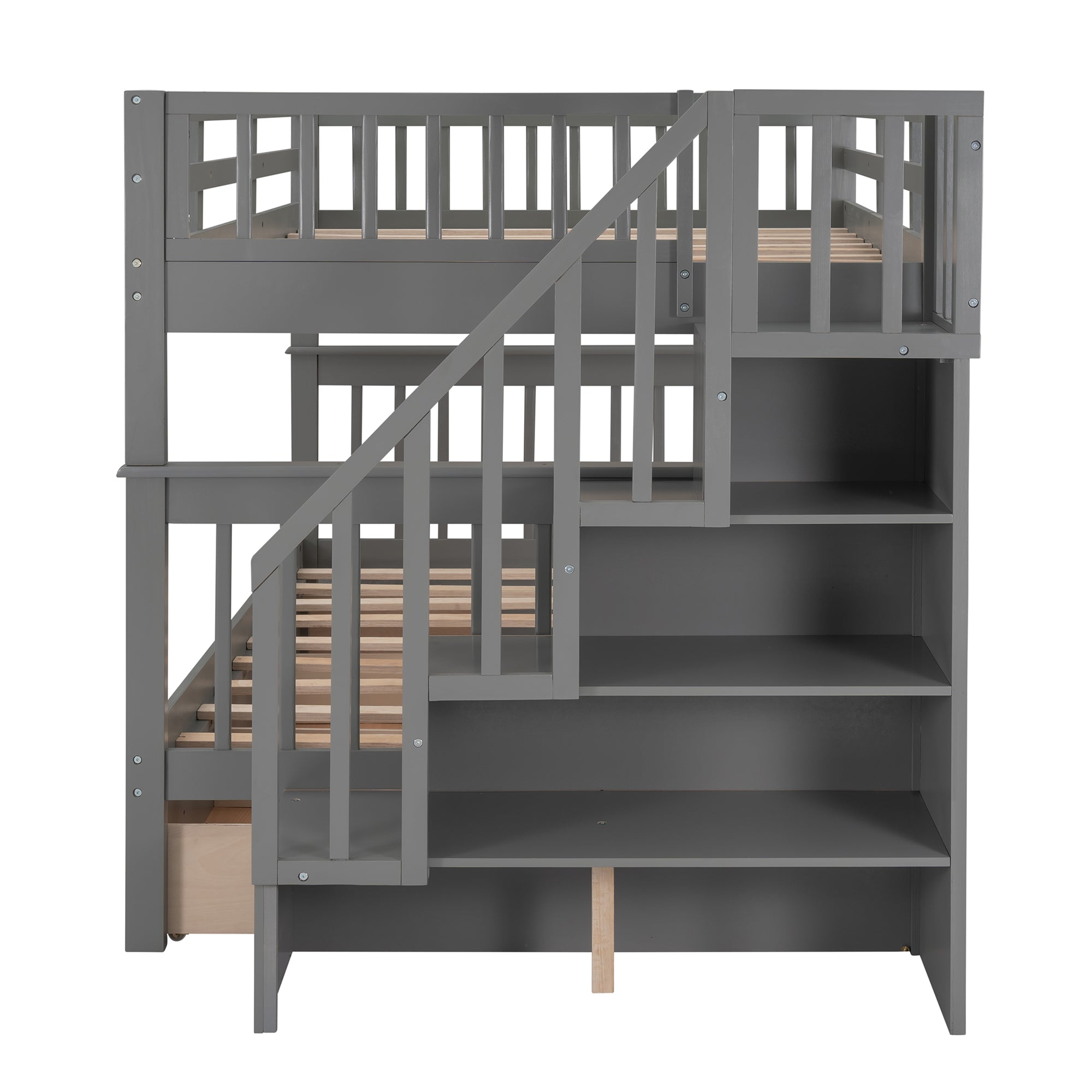 Stairway Full-Over-Full Bunk Bed with Drawer, Storage and Guard Rail for Bedroom, Gray color