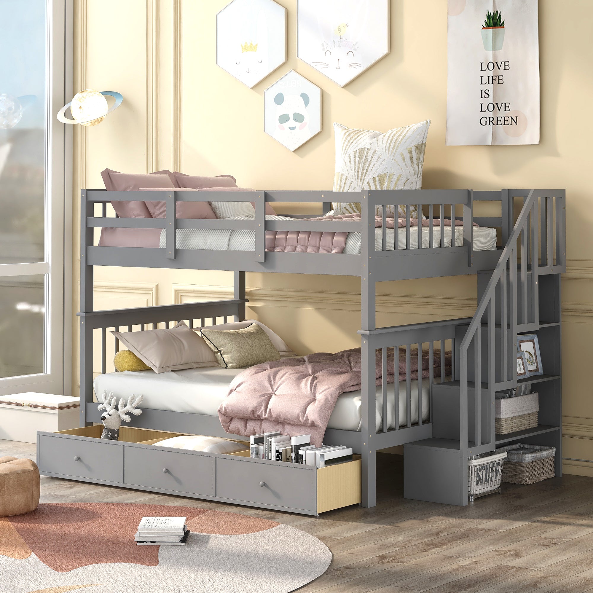 Stairway Full-Over-Full Bunk Bed with Drawer, Storage and Guard Rail for Bedroom, Gray color