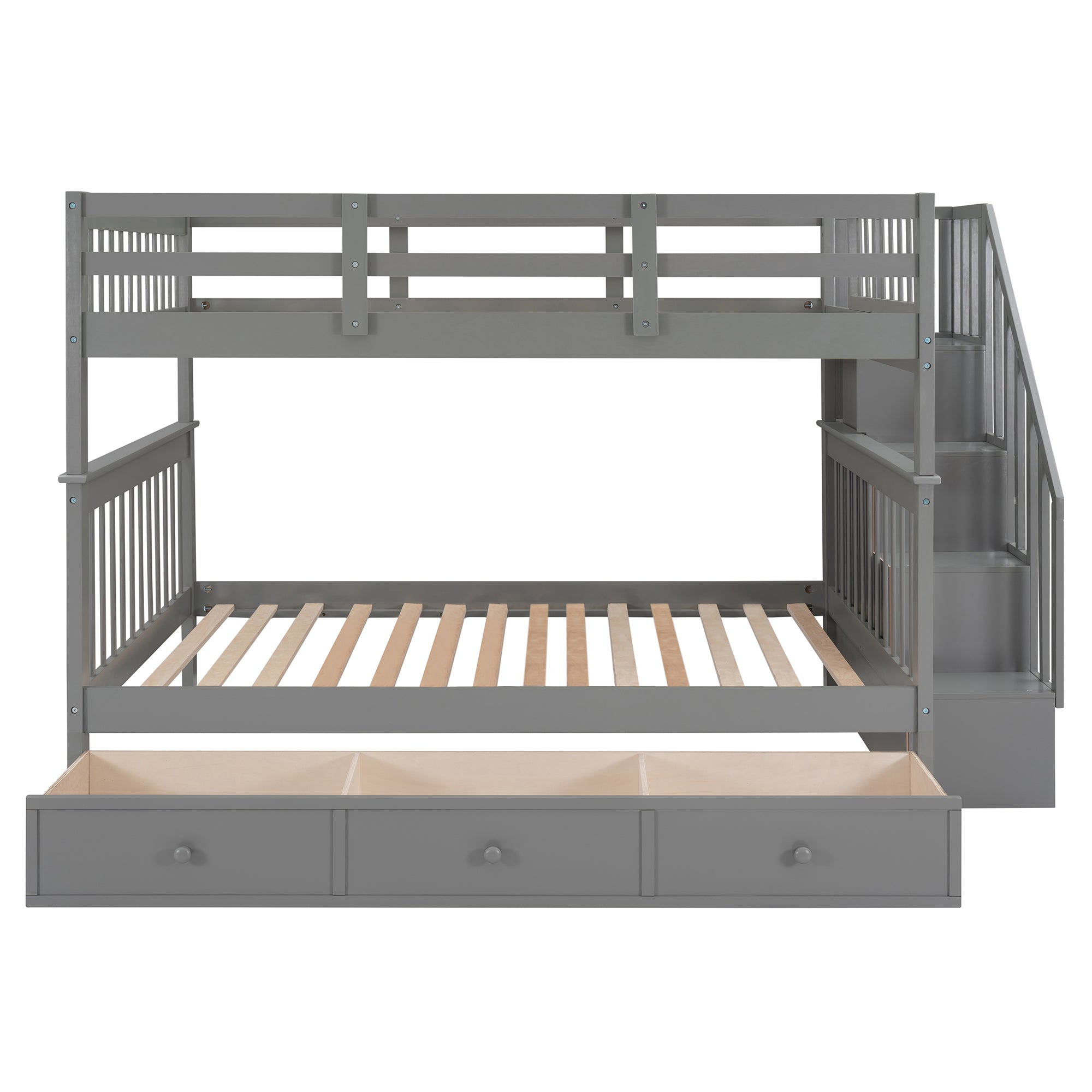 Stairway Full-Over-Full Bunk Bed with Drawer, Storage and Guard Rail for Bedroom, Gray color