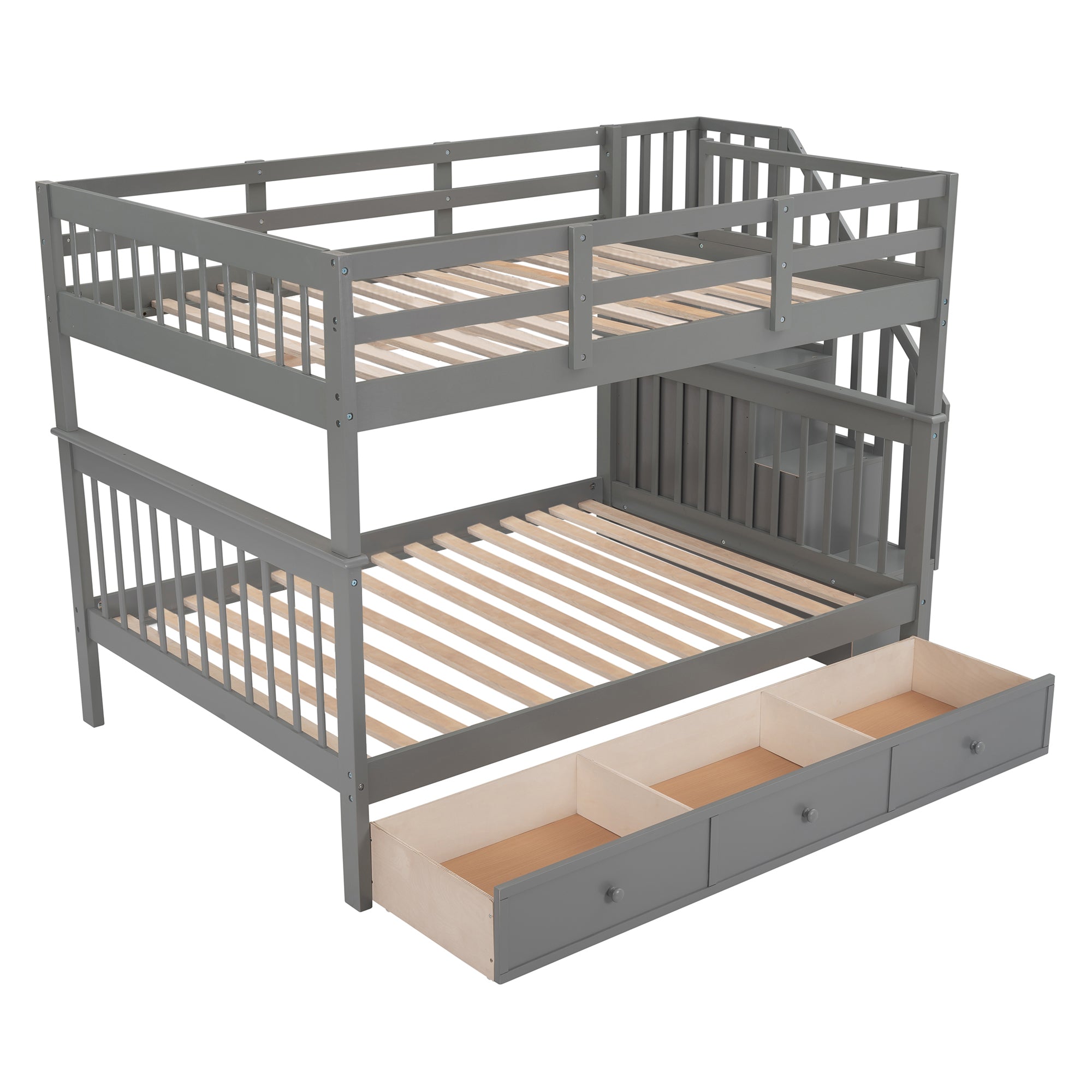 Stairway Full-Over-Full Bunk Bed with Drawer, Storage and Guard Rail for Bedroom, Gray color