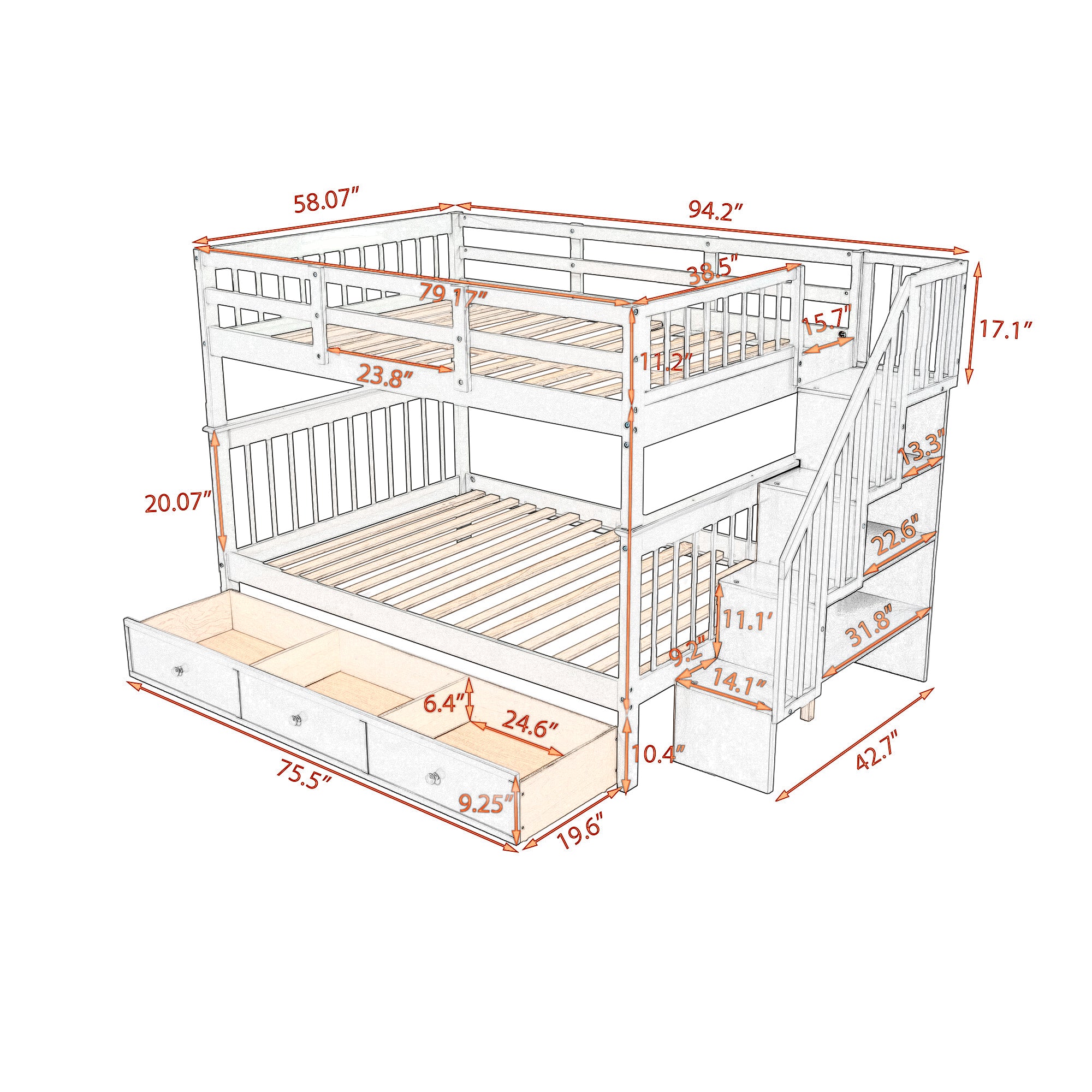 Stairway Full-Over-Full Bunk Bed with Drawer, Storage and Guard Rail for Bedroom, Gray color