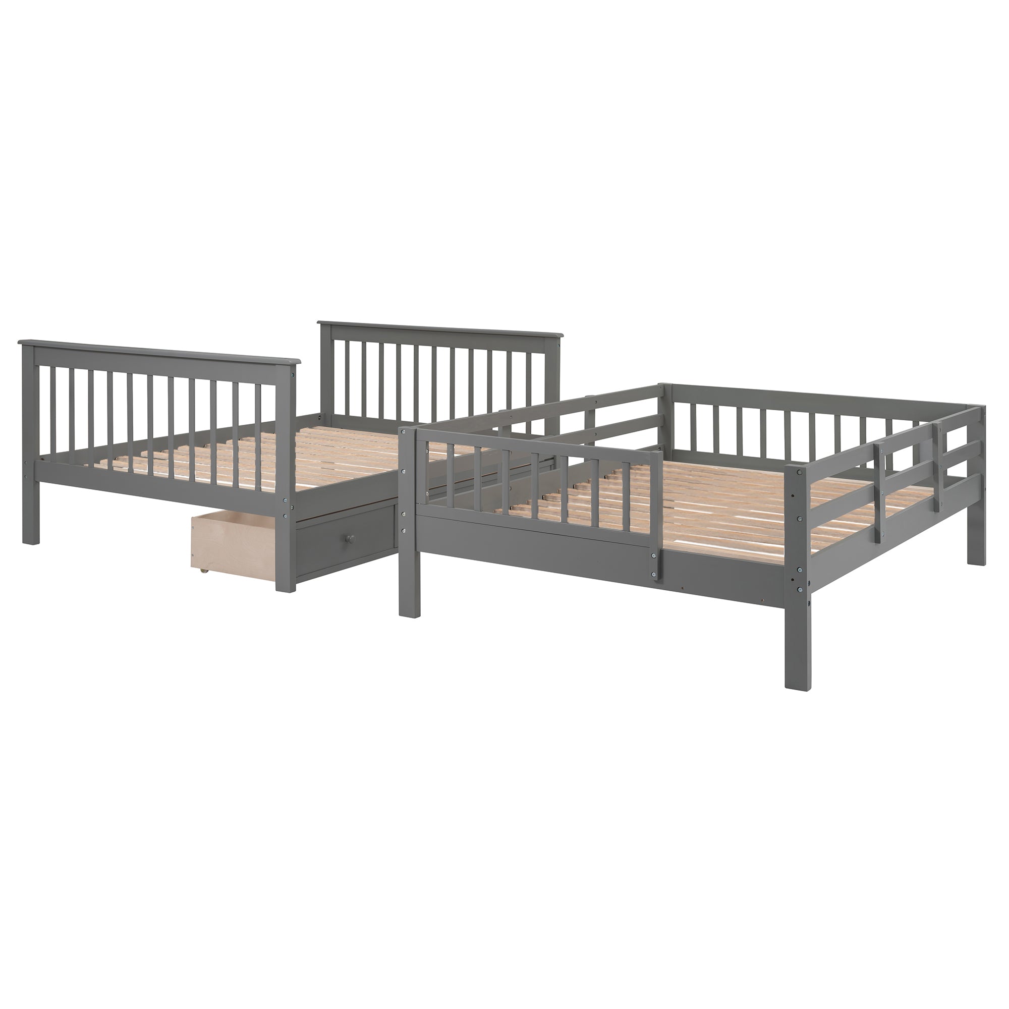 Stairway Full-Over-Full Bunk Bed with Drawer, Storage and Guard Rail for Bedroom, Gray color