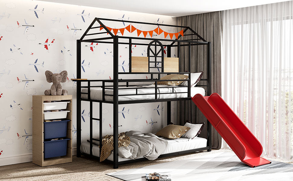 Twin Over Twin Metal Bunk Bed ,Metal Housebed With Slide,Three Colors Available.(Black with Red Slide)