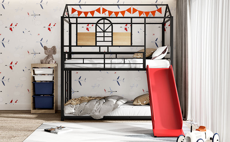 Twin Over Twin Metal Bunk Bed ,Metal Housebed With Slide,Three Colors Available.(Black with Red Slide)