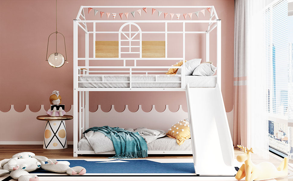 Twin Over Twin Metal Bunk Bed ,Metal Housebed With Slide,Three Colors Available.(White with White  Slide)