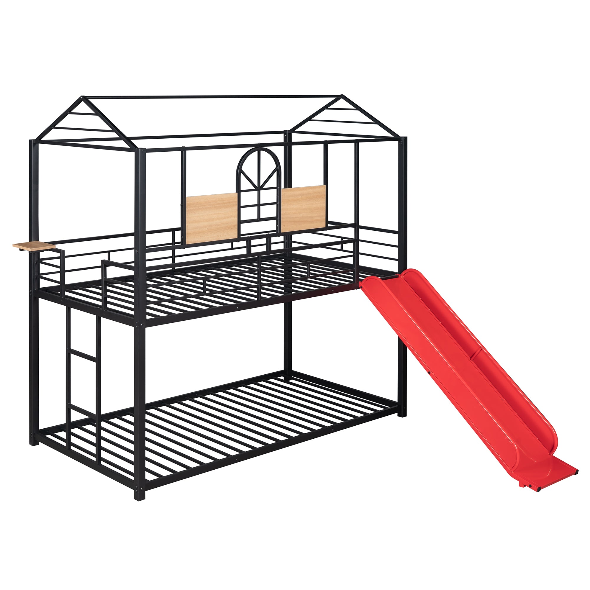 Twin Over Twin Metal Bunk Bed ,Metal Housebed With Slide,Three Colors Available.(Black with Red Slide)