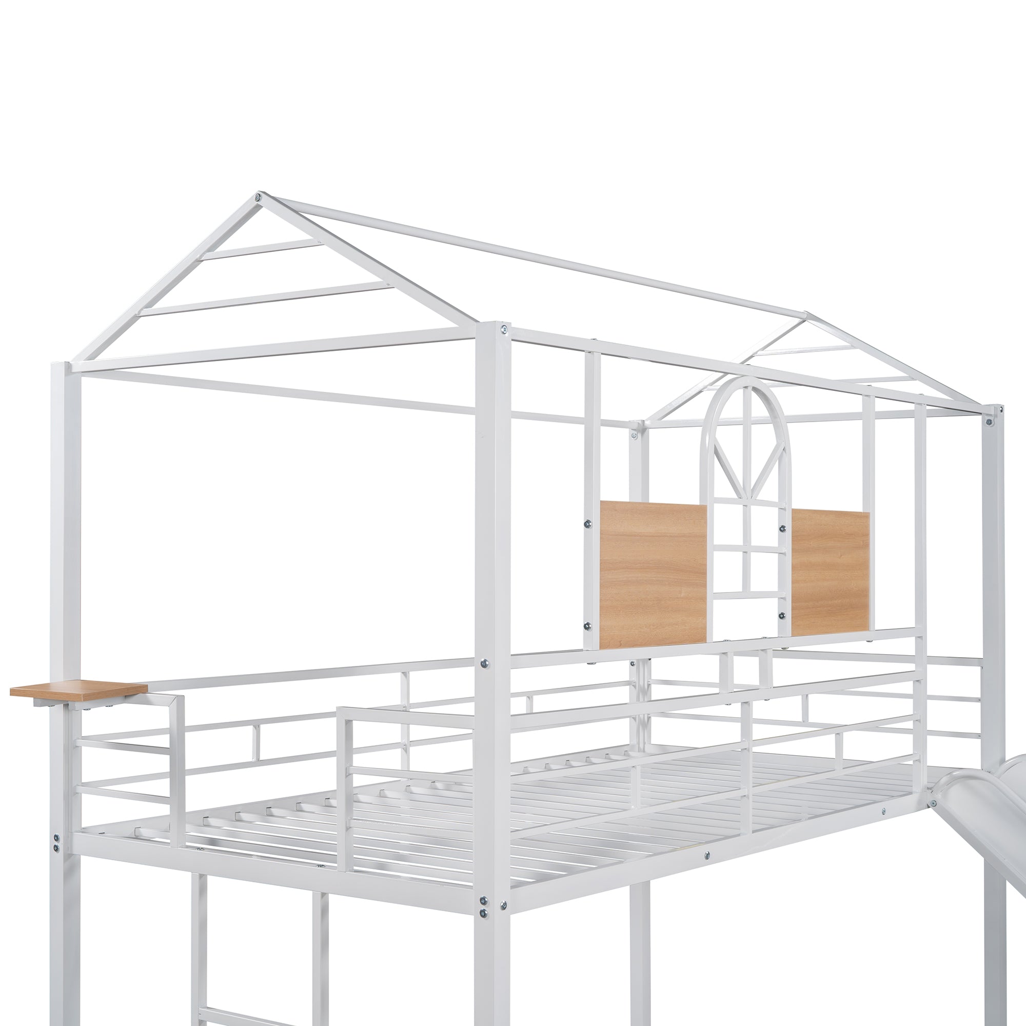 Twin Over Twin Metal Bunk Bed ,Metal Housebed With Slide,Three Colors Available.(White with White  Slide)