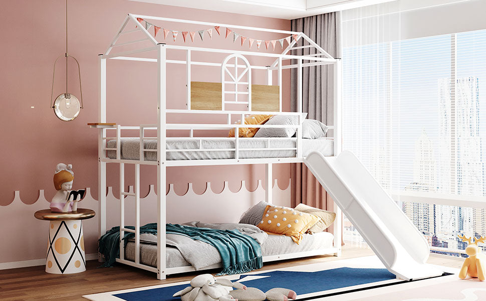 Twin Over Twin Metal Bunk Bed ,Metal Housebed With Slide,Three Colors Available.(White with White  Slide)