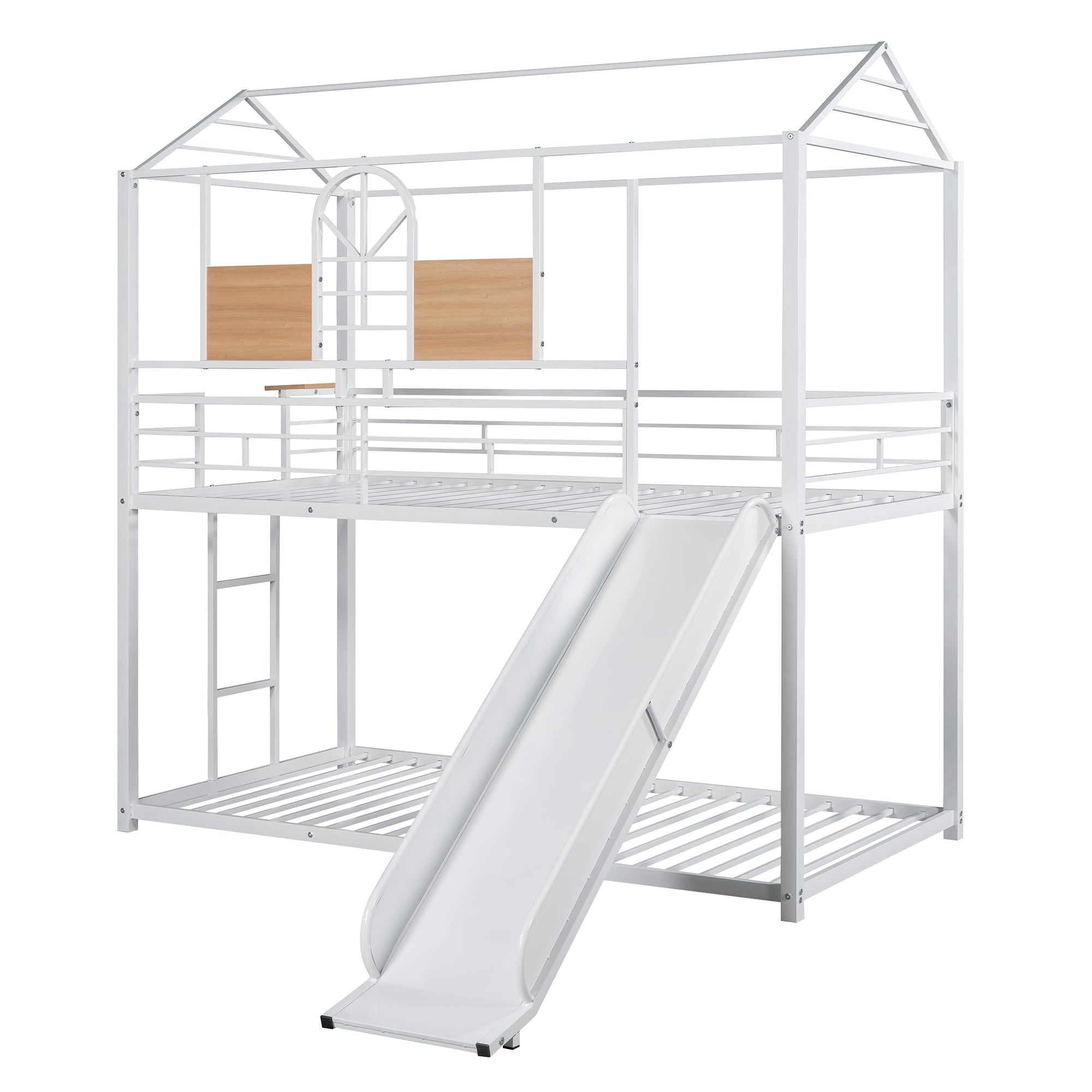 Twin Over Twin Metal Bunk Bed ,Metal Housebed With Slide,Three Colors Available.(White with White  Slide)