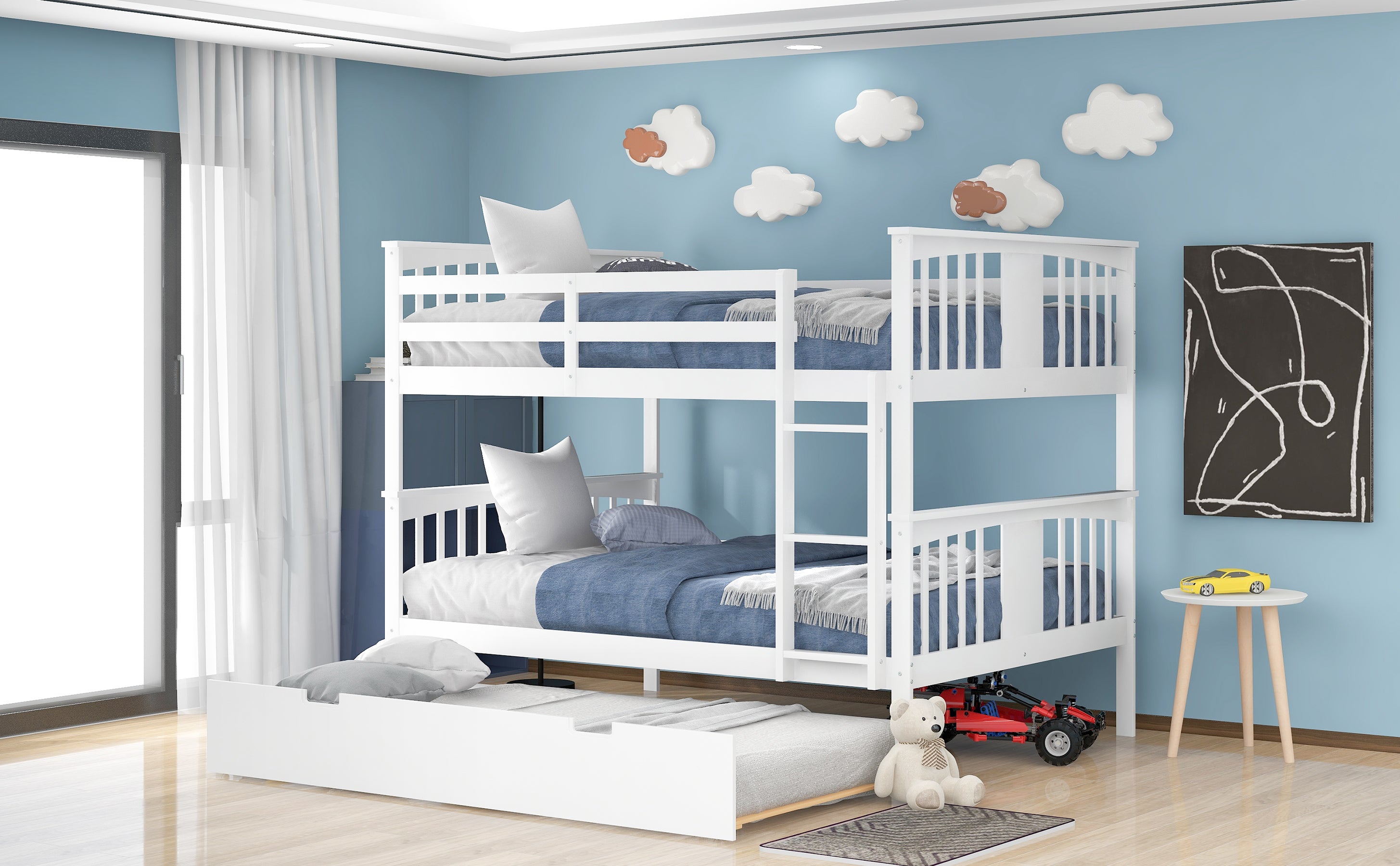 Full over Full Bunk Bed with Twin Size Trundle and Ladder-White