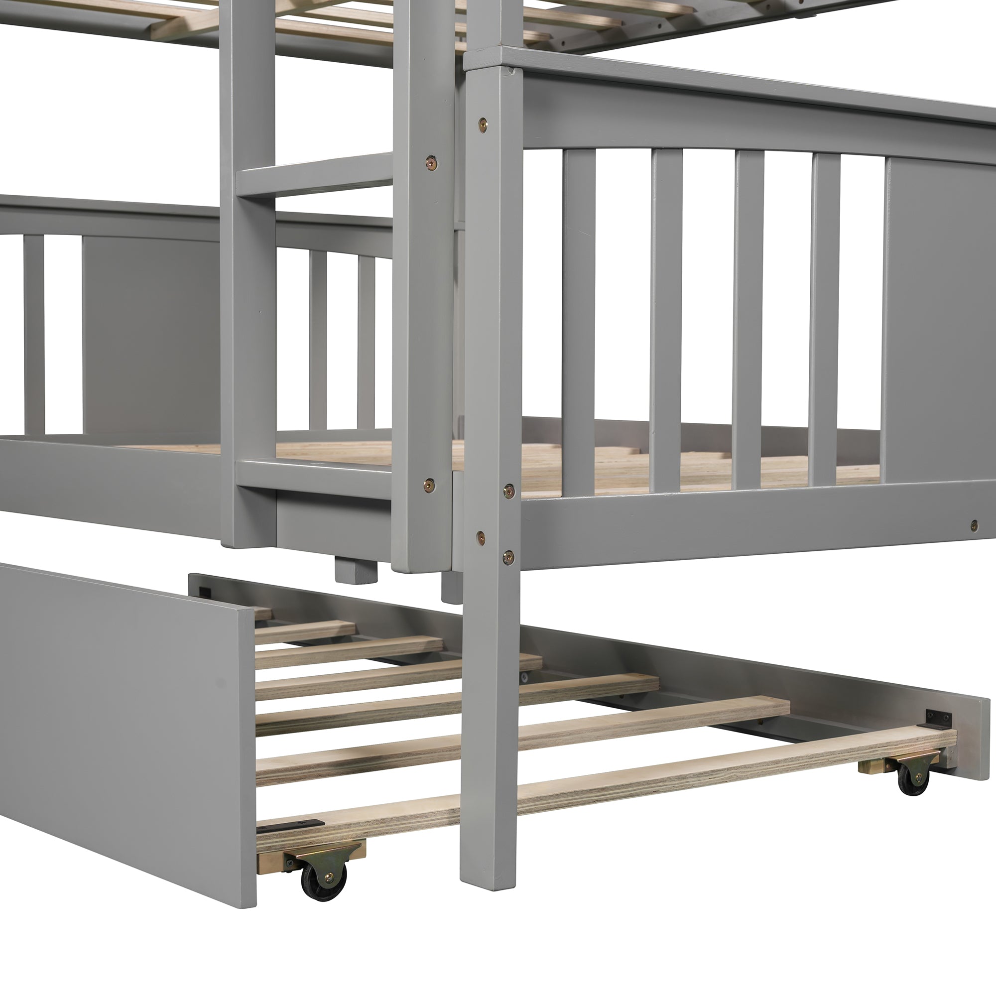 Full over Full Bunk Bed with Twin Size Trundle and Ladder-Gray