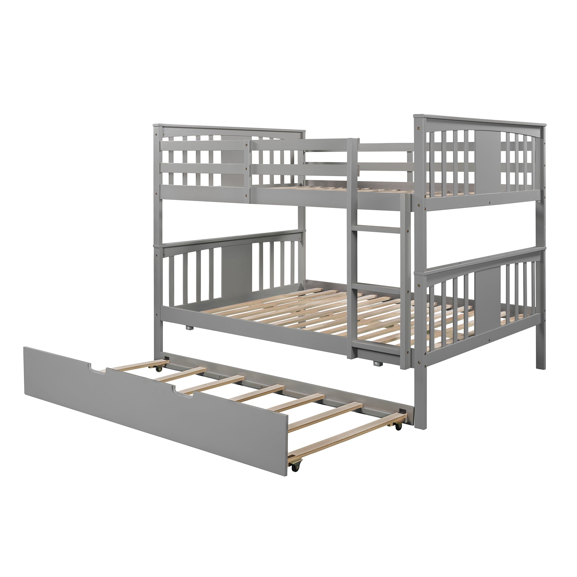 Full over Full Bunk Bed with Twin Size Trundle and Ladder-Gray