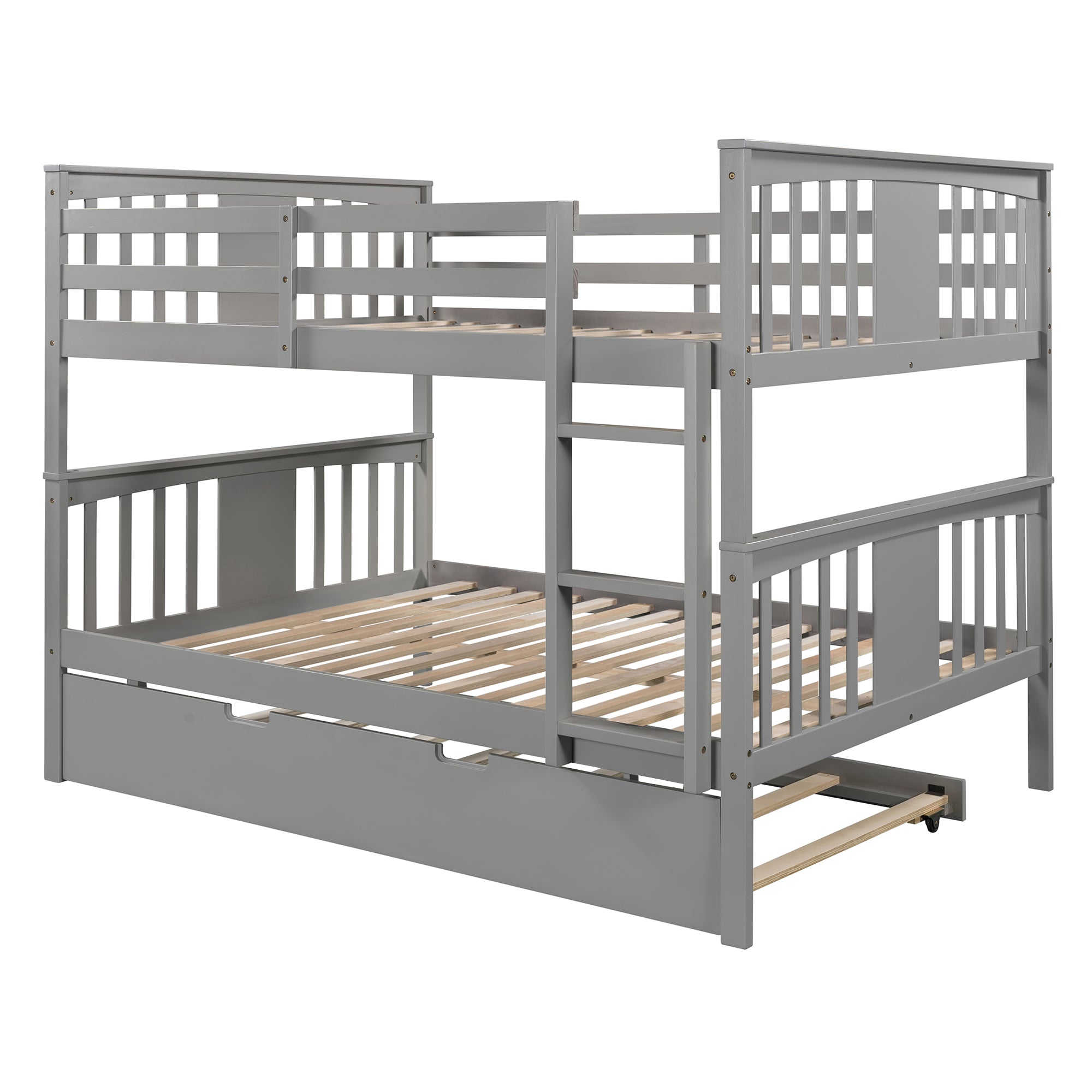 Full over Full Bunk Bed with Twin Size Trundle and Ladder-Gray