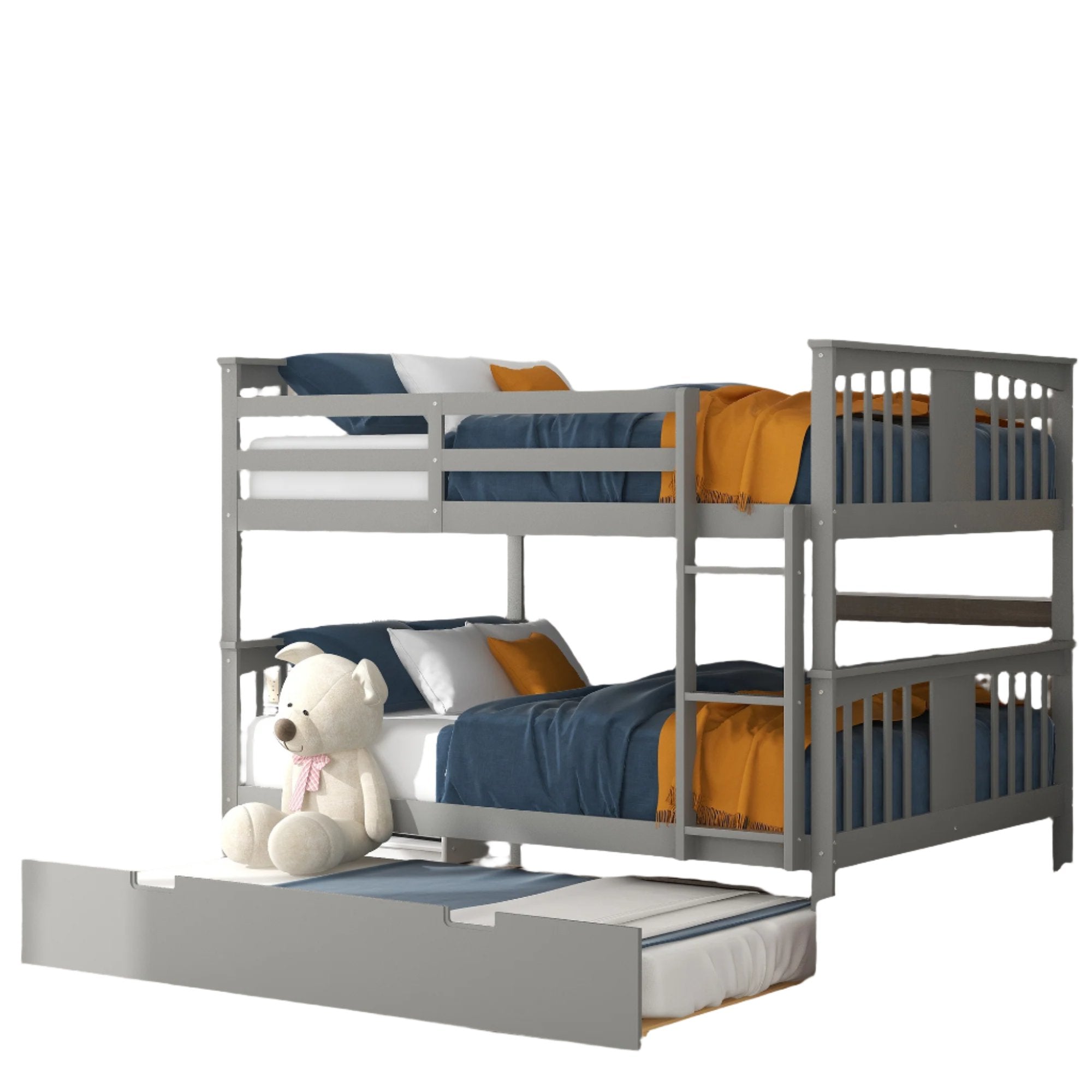 Full over Full Bunk Bed with Twin Size Trundle and Ladder-Gray