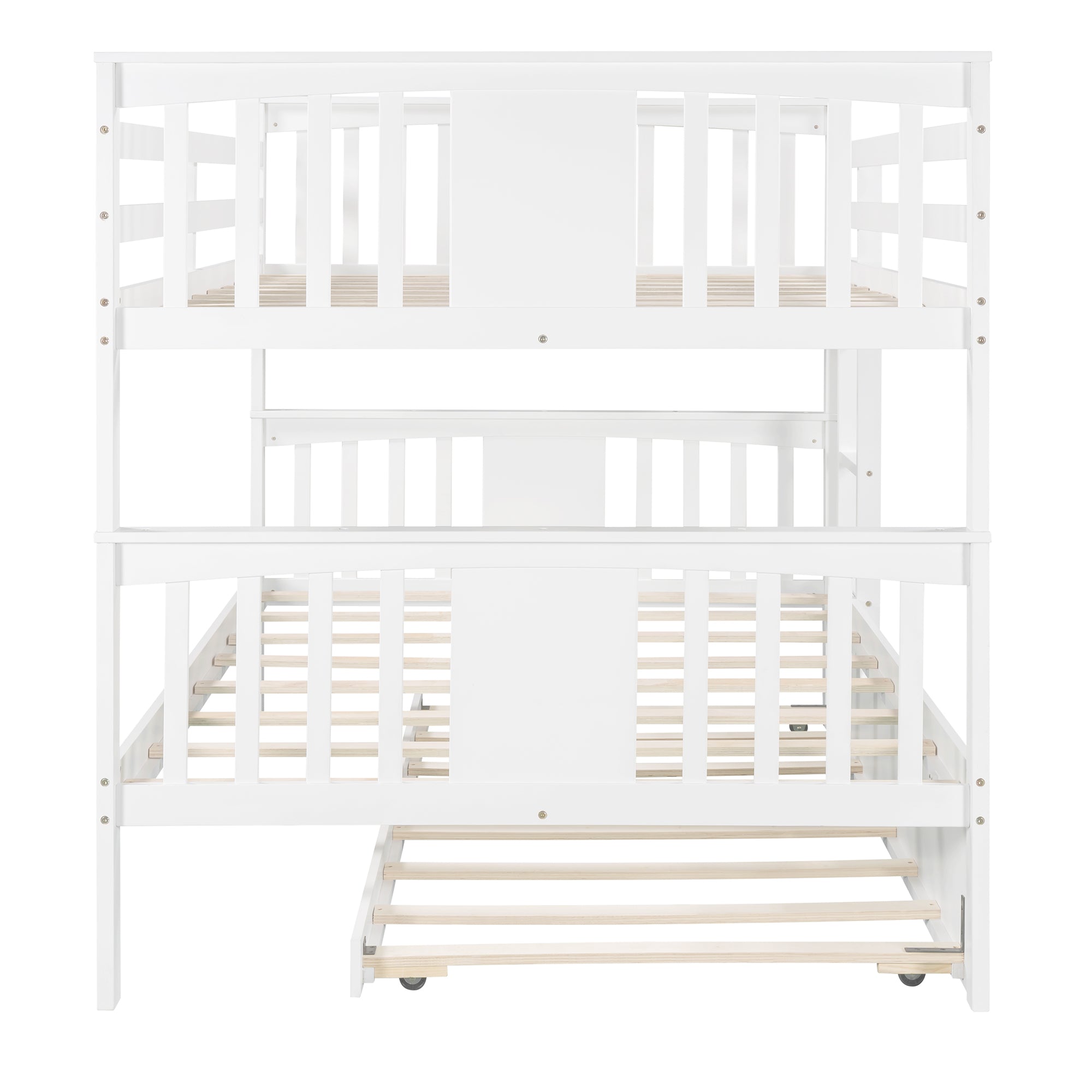 Full over Full Bunk Bed with Twin Size Trundle and Ladder-White