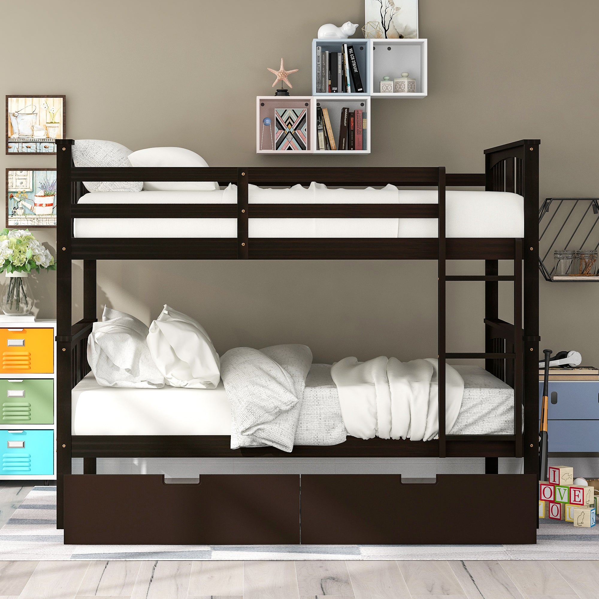 Full over Full Bunk Bed with Drawers and Ladder for Bedroom, Guest Room Furniture-Espresso