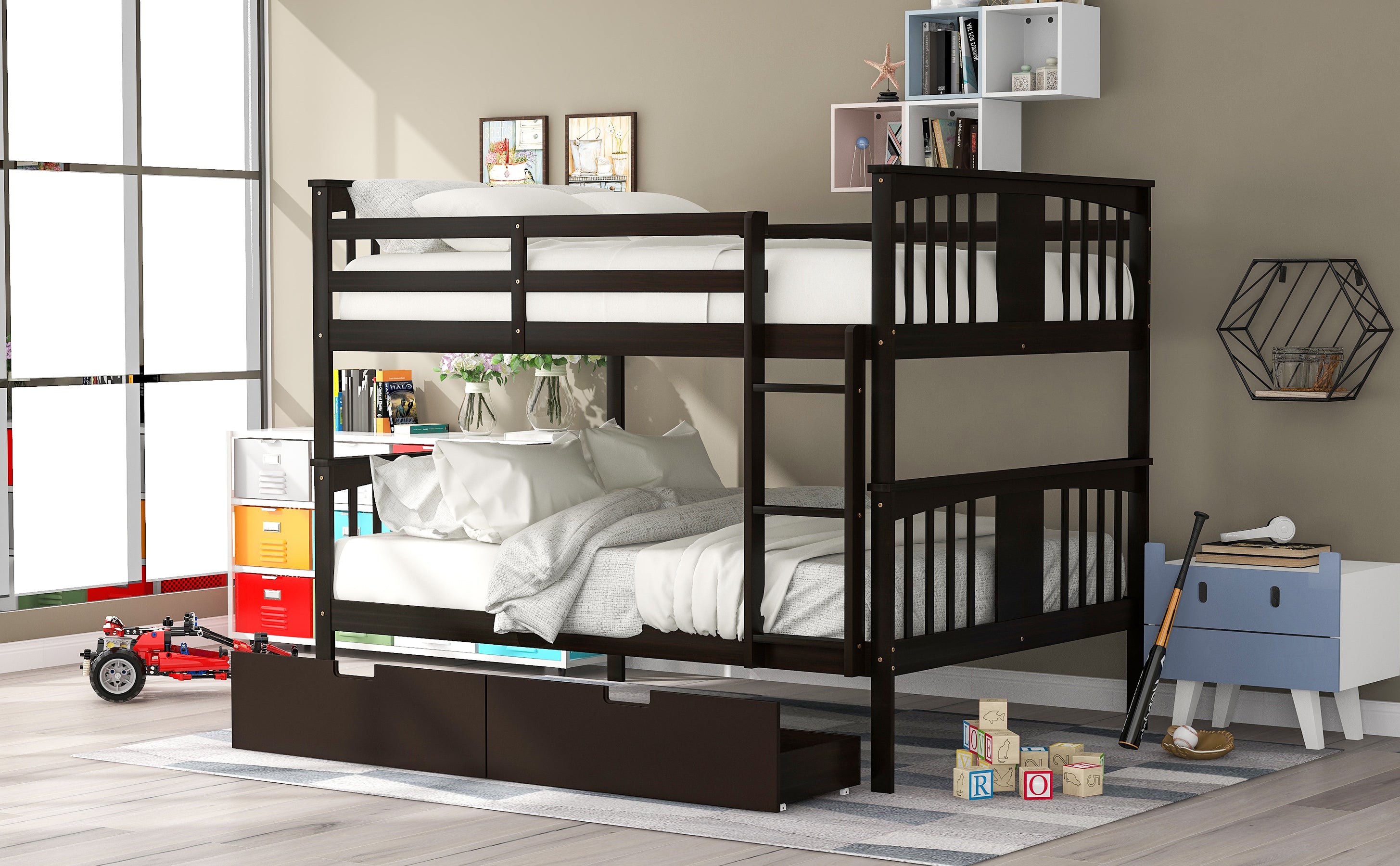 Full over Full Bunk Bed with Drawers and Ladder for Bedroom, Guest Room Furniture-Espresso