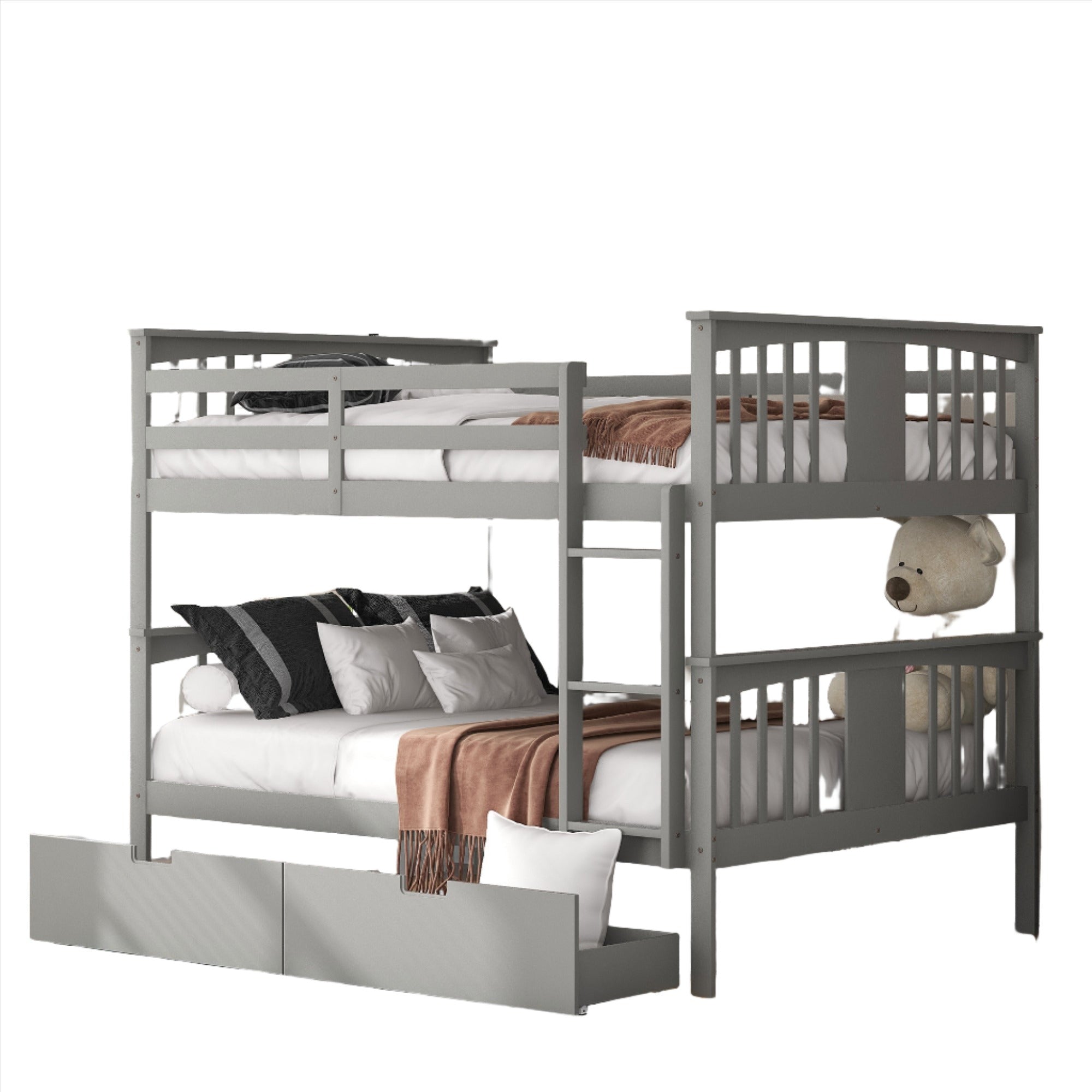 Full over Full Bunk Bed with Drawers and Ladder for Bedroom, Guest Room Furniture-Gray